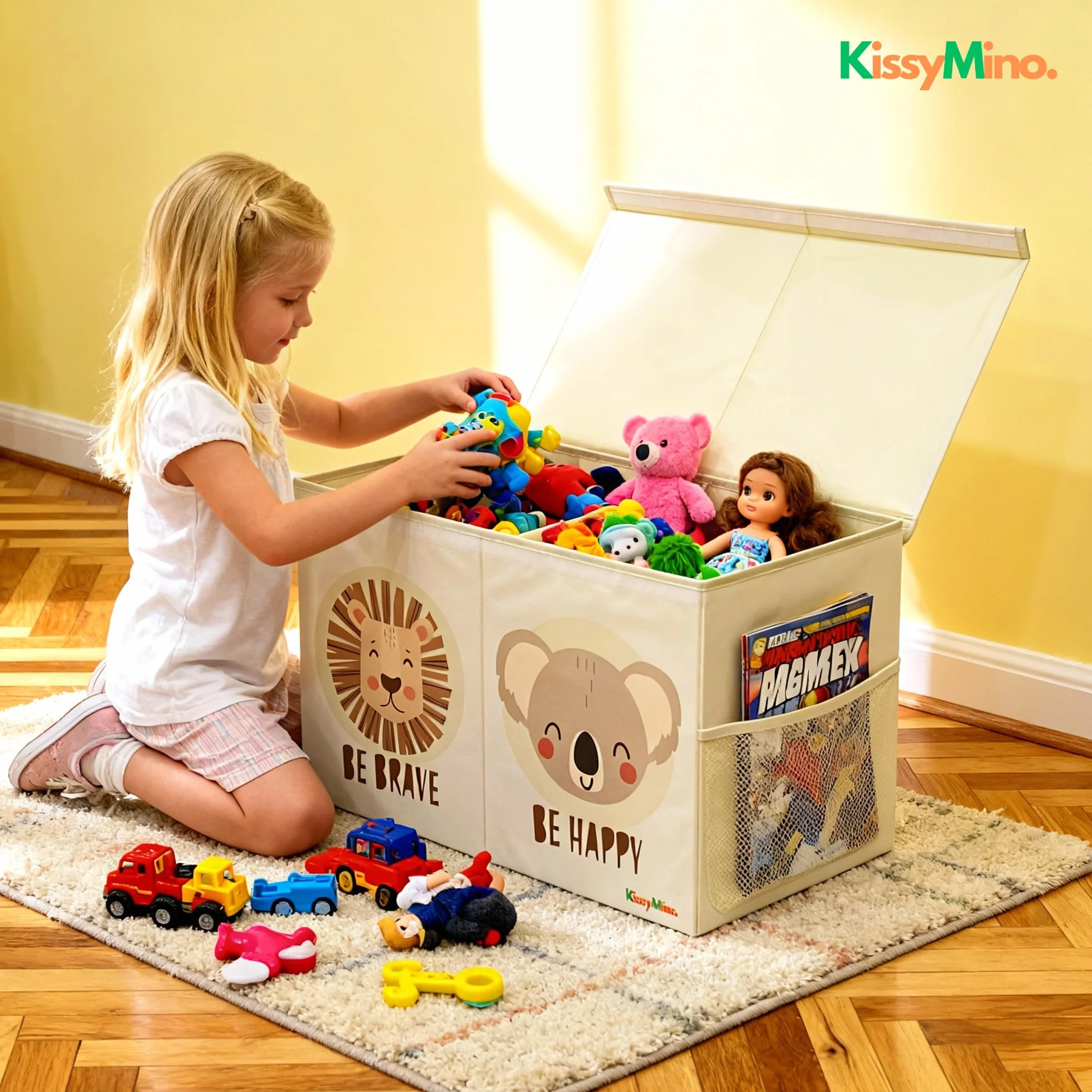 Baúl almacenaje juguetes infantil plegable con tapa, Organizador juguetero (Beige, Mediano)