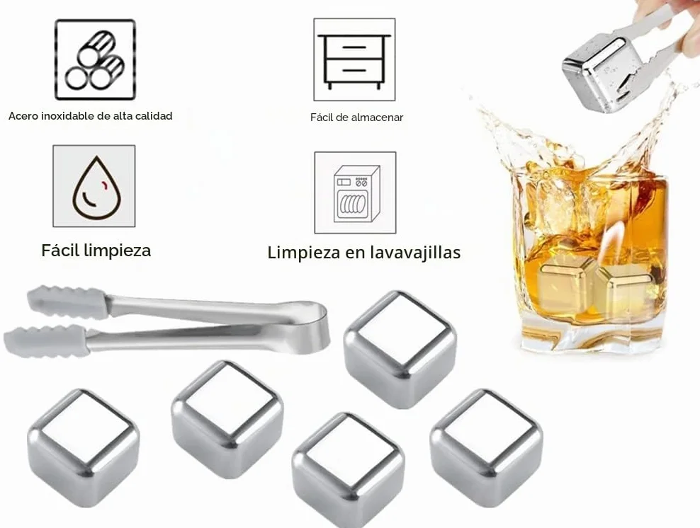 Cubos de Hielo Reutilizables de Acero Inoxidable, Juego de Cubitos con Pinzas y Bolsa, para Whisky y Cócteles