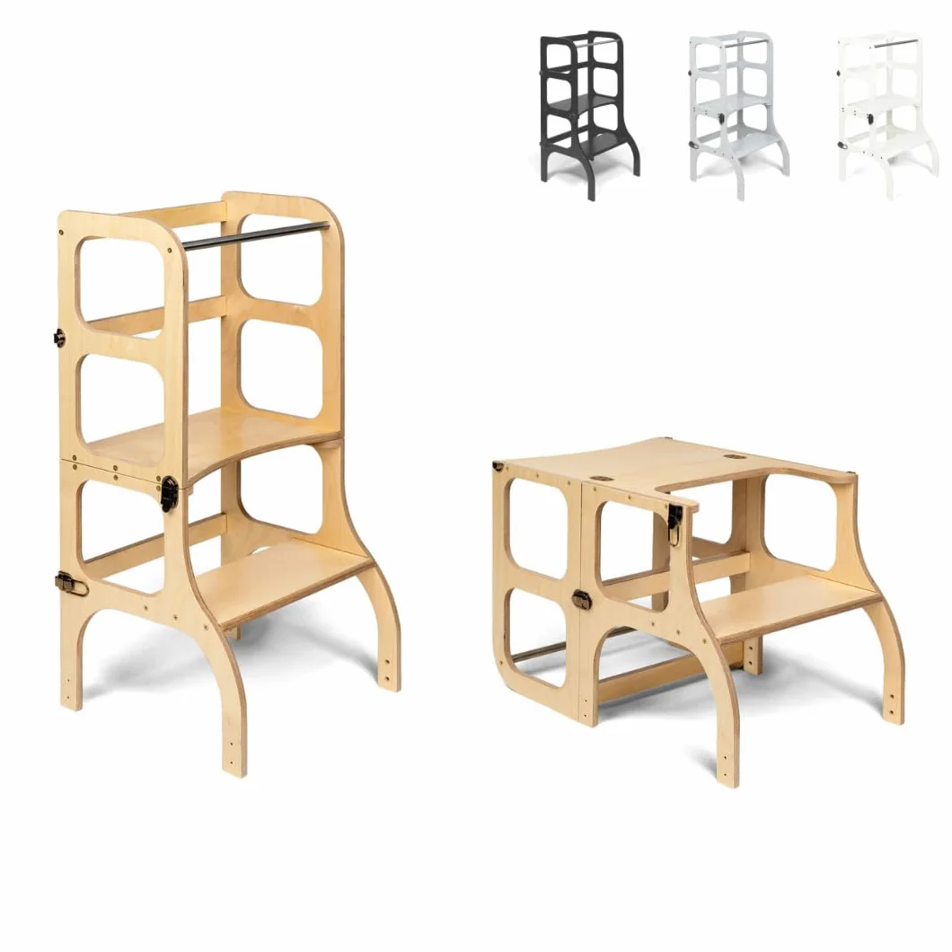 Ette Tete Step’n’Sit® Montessori Torre Mesa de Aprendizaje Convertible 2 en 1 con Cierres de latón Antiguo Madera