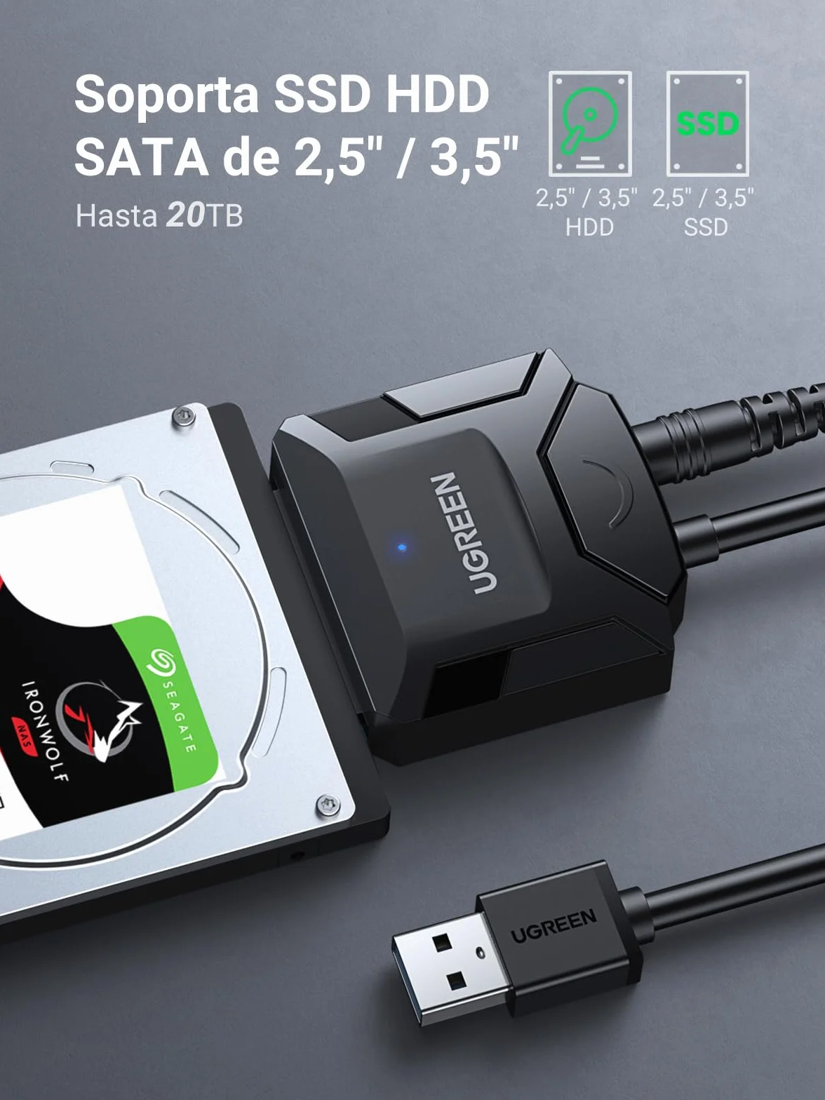 UGREEN Adaptador de HDD SSD 2,5" 3,5" 20TB, Cable SATA USB 3.0 con UASP con 12V Compatible con PC, Macbook, PS5, PS4, WD, Toshiba, Seagate, Hitachi