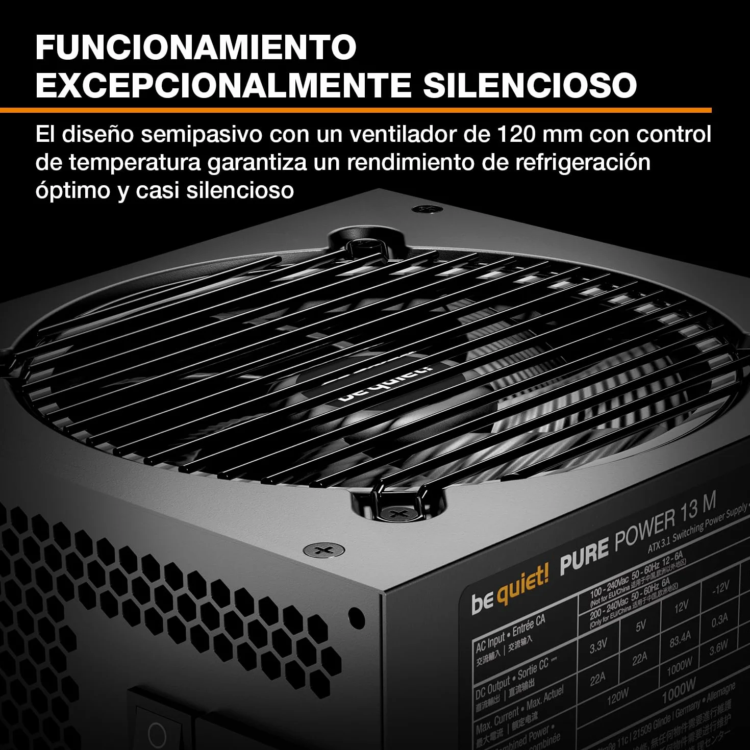 be quiet! Pure Power 13 M 1000W Fuente de alimentación, eficiencia 80 Plus® Gold, ATX 3.1, Compatible con GPU PCIe 5.1, Ventilador be quiet! semipasivor de 120 mm, construcción semipasiva