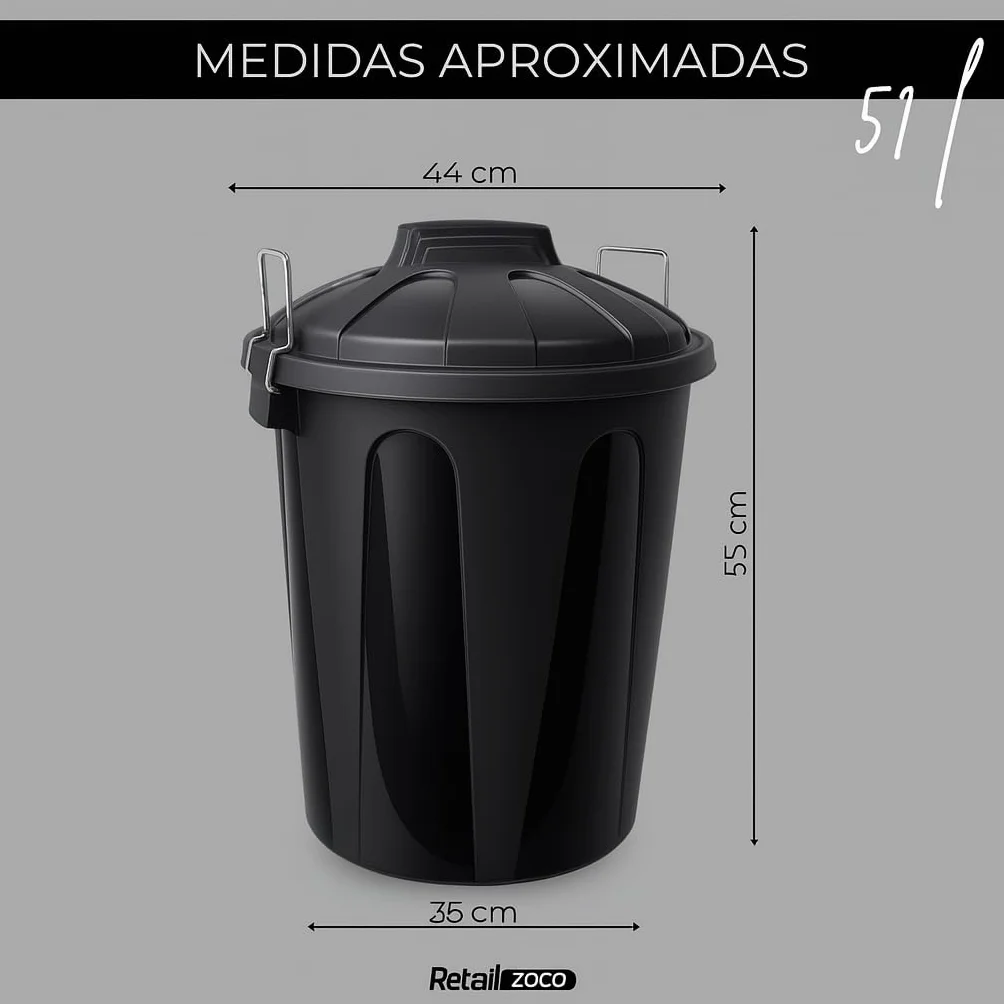TECHZOCO Cubo de Basura Industrial 51L 55cm Alto 44cm Diámetro Plástico con Asas Metálicas