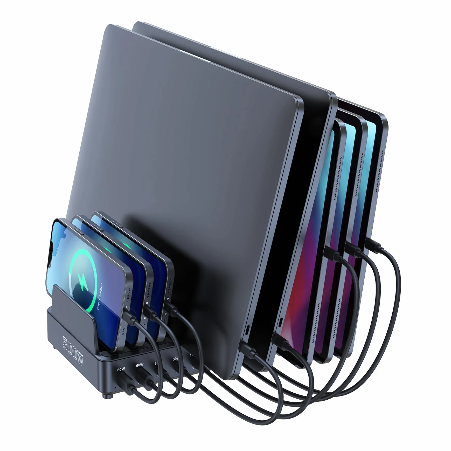 CHIPOFY Estación de carga de 500 W para múltiples dispositivos, estación de carga rápida multiUSB C de 10 puertos con soporte organizador para MacBook Laptop, iPad, iPhone 16 15 Pro Max, Galaxy S25