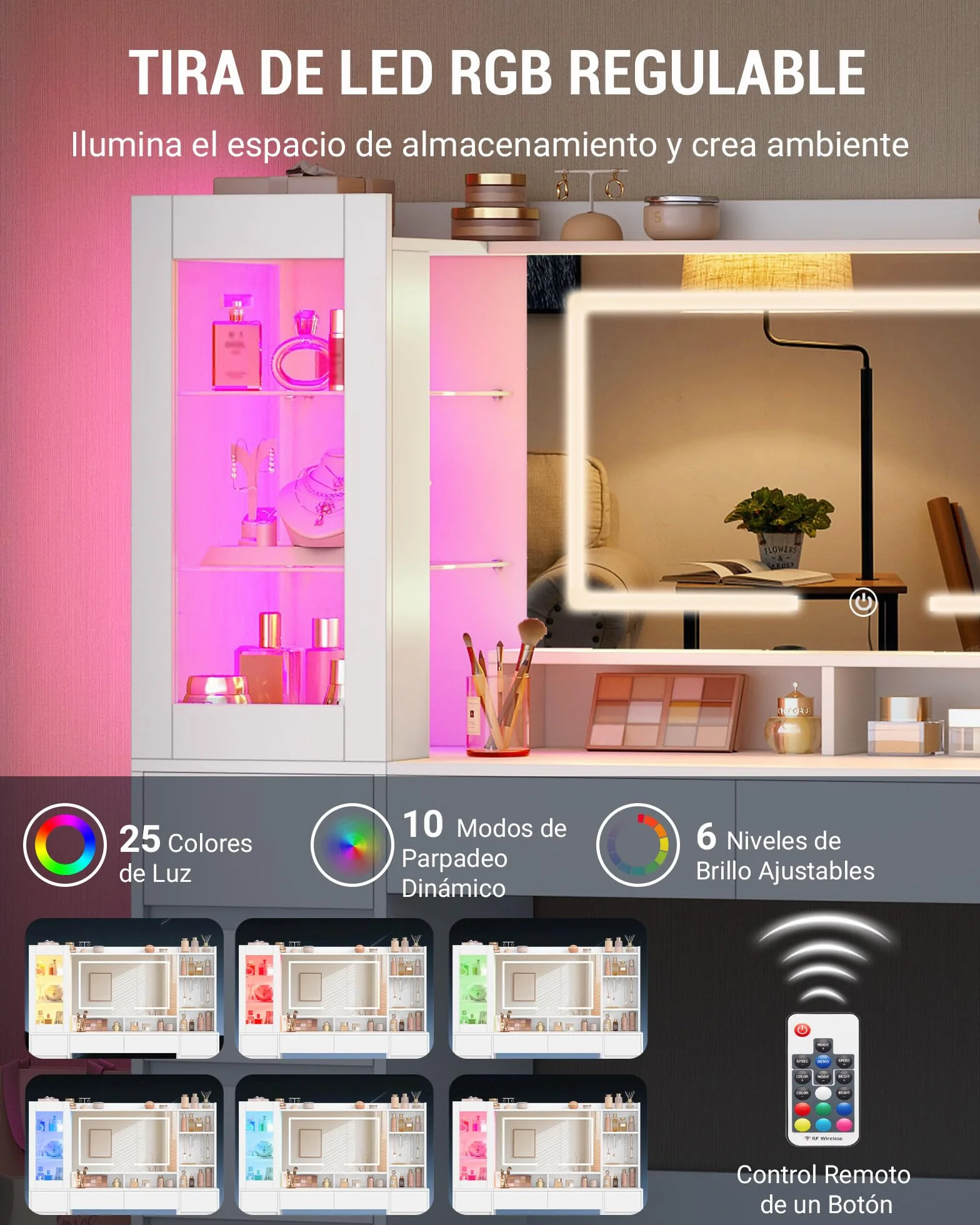 Tocador de Maquillaje Grande 140 cm con Espejo HD, Tira de Luz RGB, 10 Cajones, Blanco