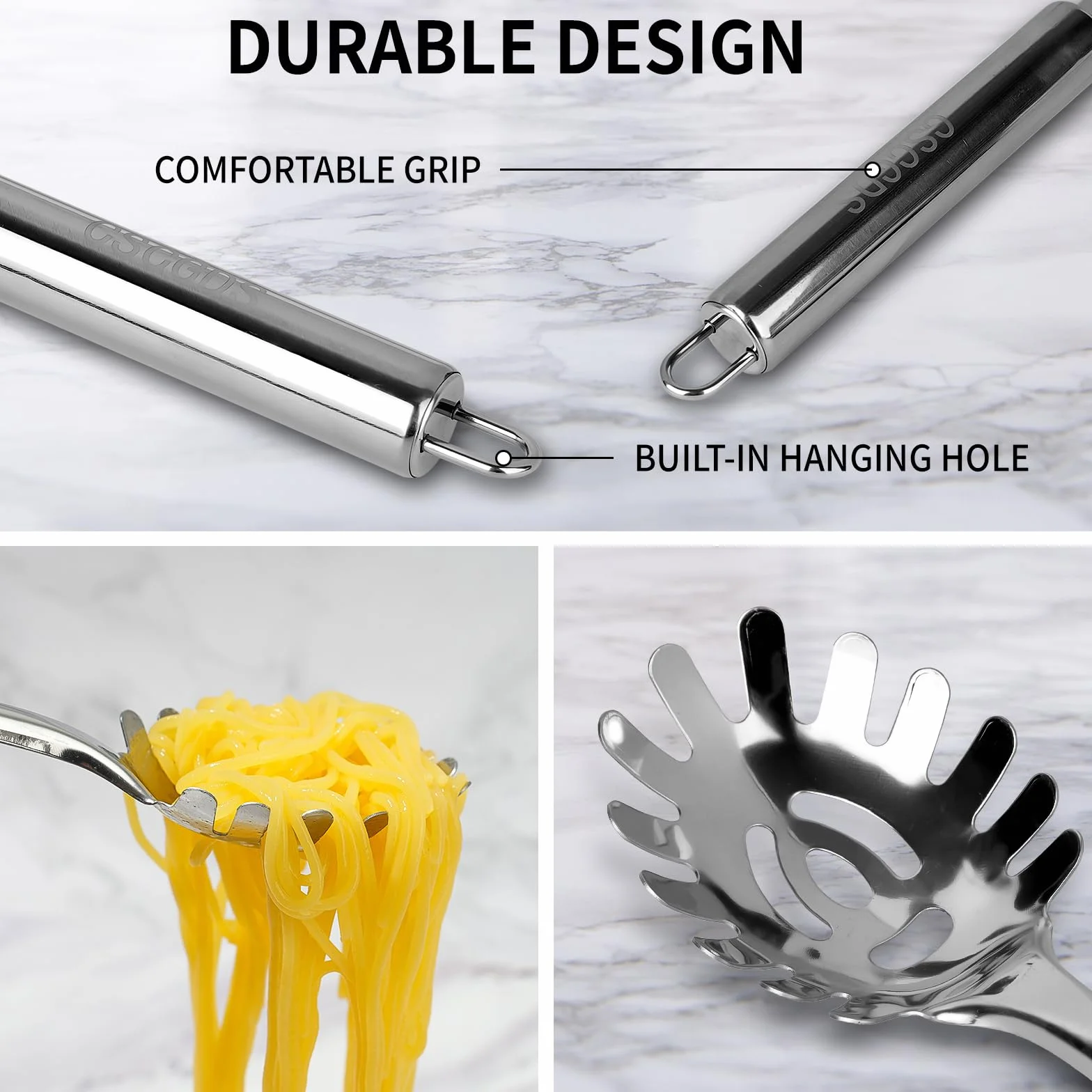 Cuchara de espagueti de acero inoxidable 12 pulgadas, cucharón de pasta con mango ergonómico