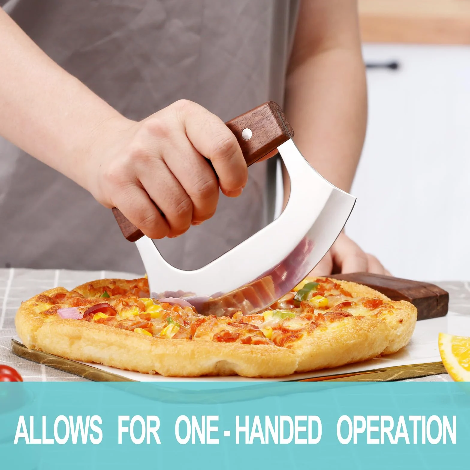 WEERSHUNCoowolf Ulu Knife Pizza Cutter Rocker Mezzaluna with Base Walnutwood Stainless Steel Blades for Chopping Herbs Salads