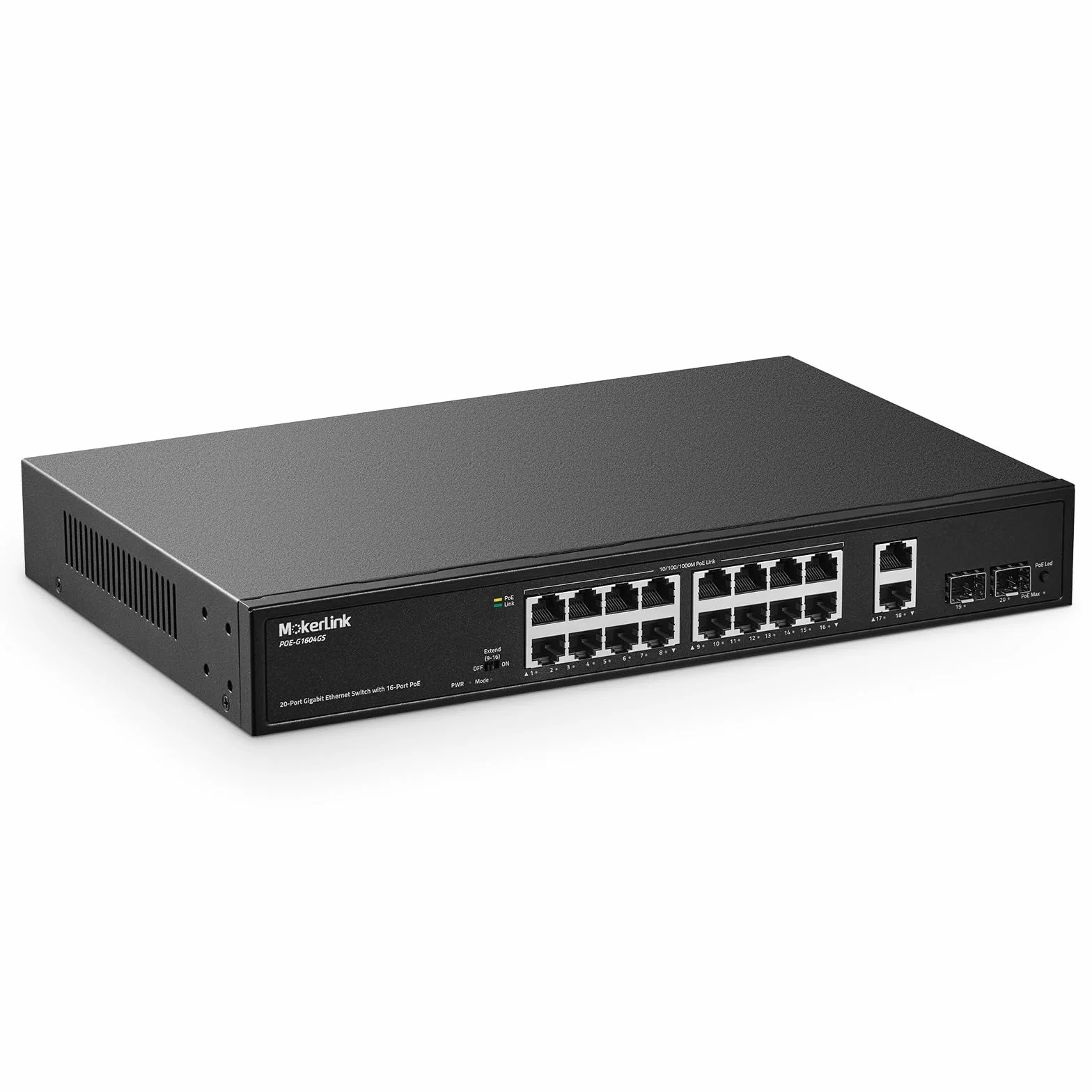 MokerLink Conmutador PoE Gigabit de 20 puertos, 16 puertos PoE+ Gigabit, enlace ascendente de 2 Gigabit, SFP de 2 Gigabit, IEEE802.3af/at de 200 W, conmutador Ethernet Plug and Play no administrado p