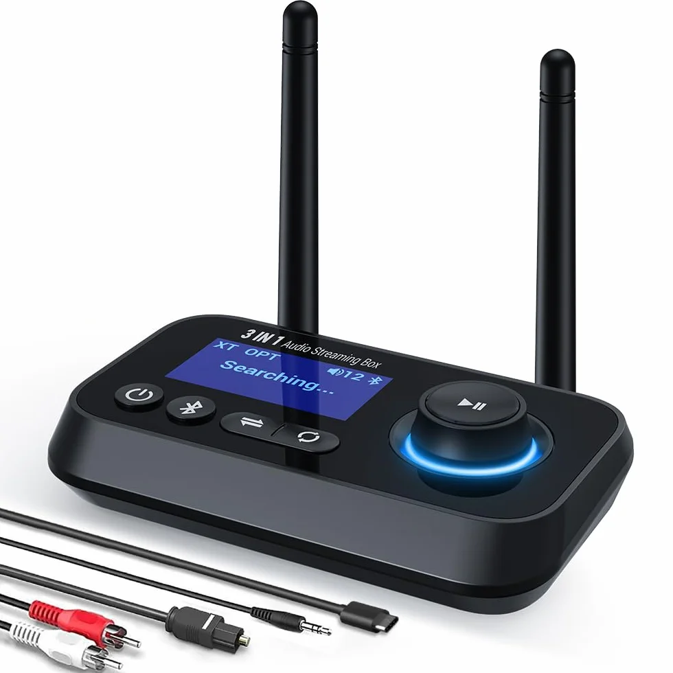 3 En 1 Transmisor Receptor Bluetooth para 2 Auriculares Adaptador Bluetooth 5.3 con Pantalla LCD Latencia Aux 3.5mm Óptico RCA E Bypass misor Bluetooth Audio para TV, Estéreo, Altavoces, PC