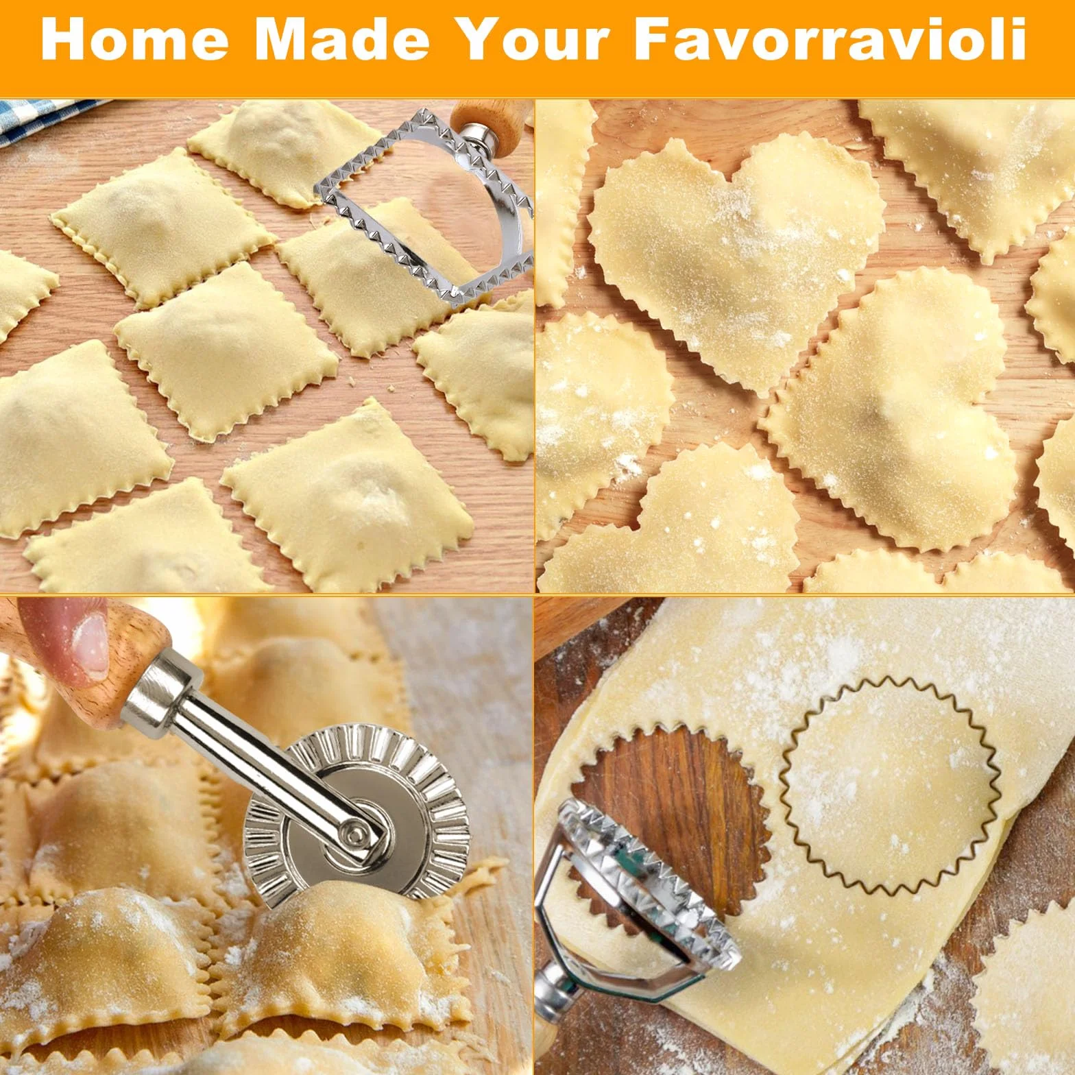 Cortador Raviolis Rueda, 5 Cortadores de Ravioli, Mango de Madera, Cuadrado/Redondo/Corazón