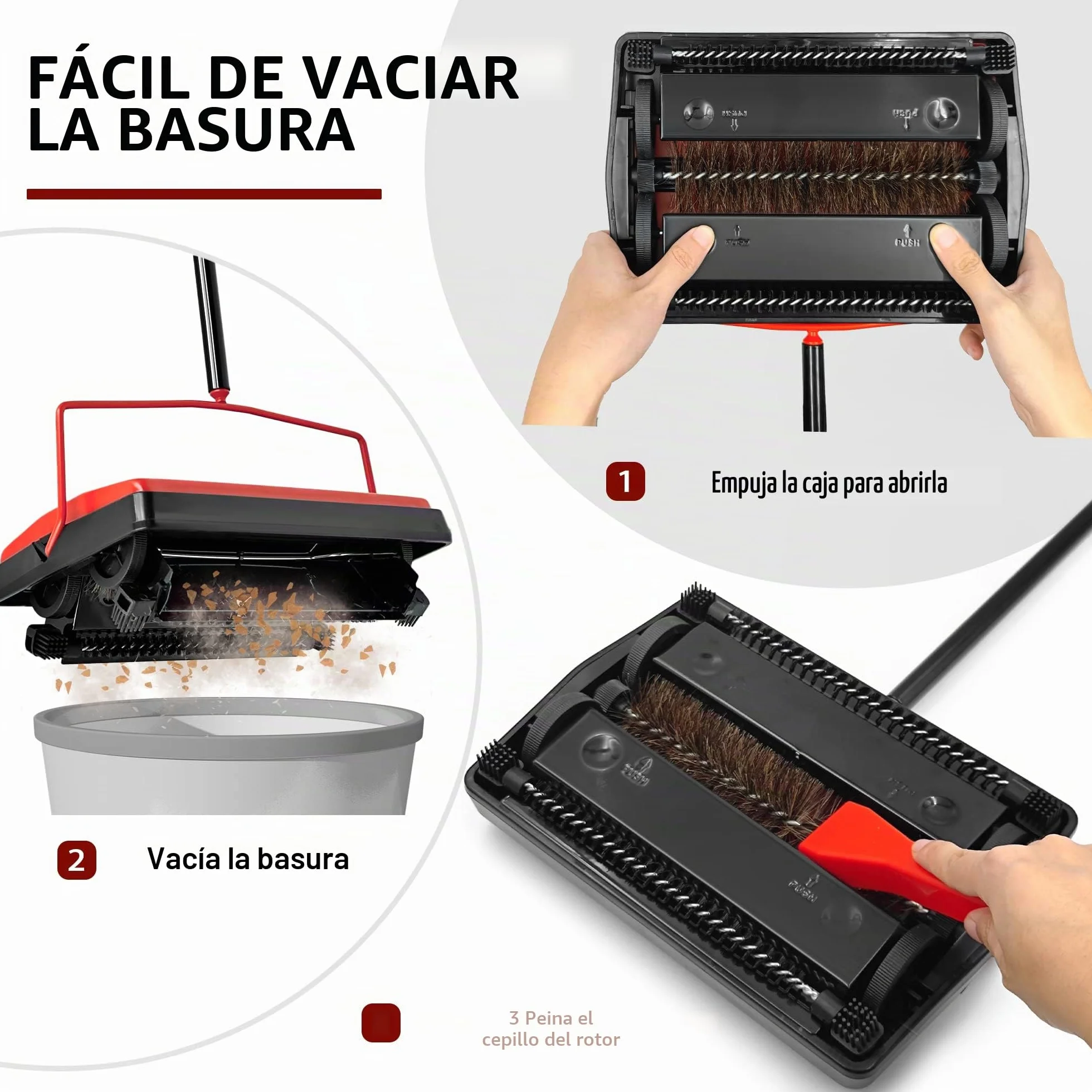 JEHONN Barredora Manual de Tapetes Cepillo de Crin de Caballo para Pelos de Mascotas Rojo