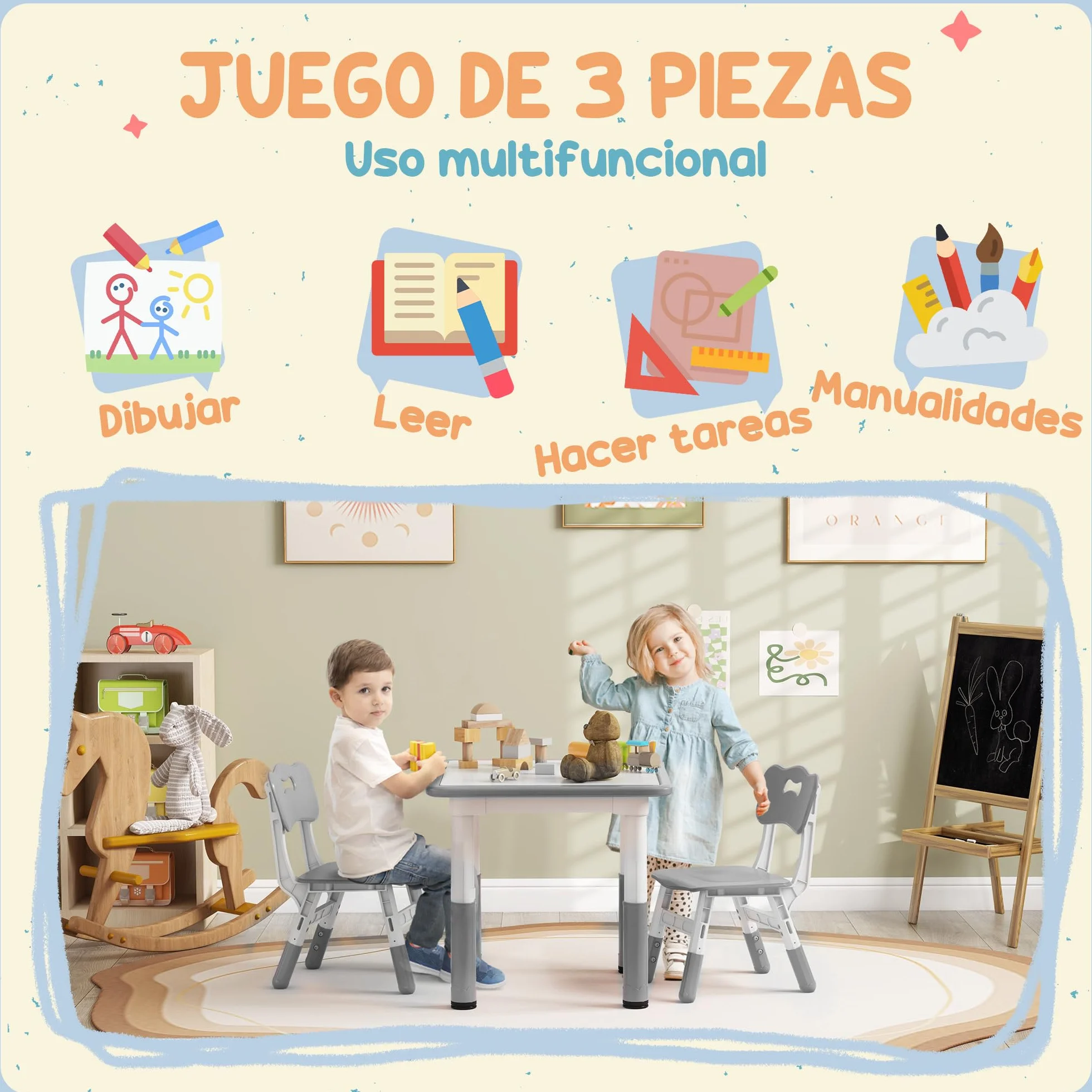 AIYAPLAY Mesa y Sillas Infantiles de 3 Piezas Altura Ajustable para Niños 18 Meses-5 Años Blanco y Gris