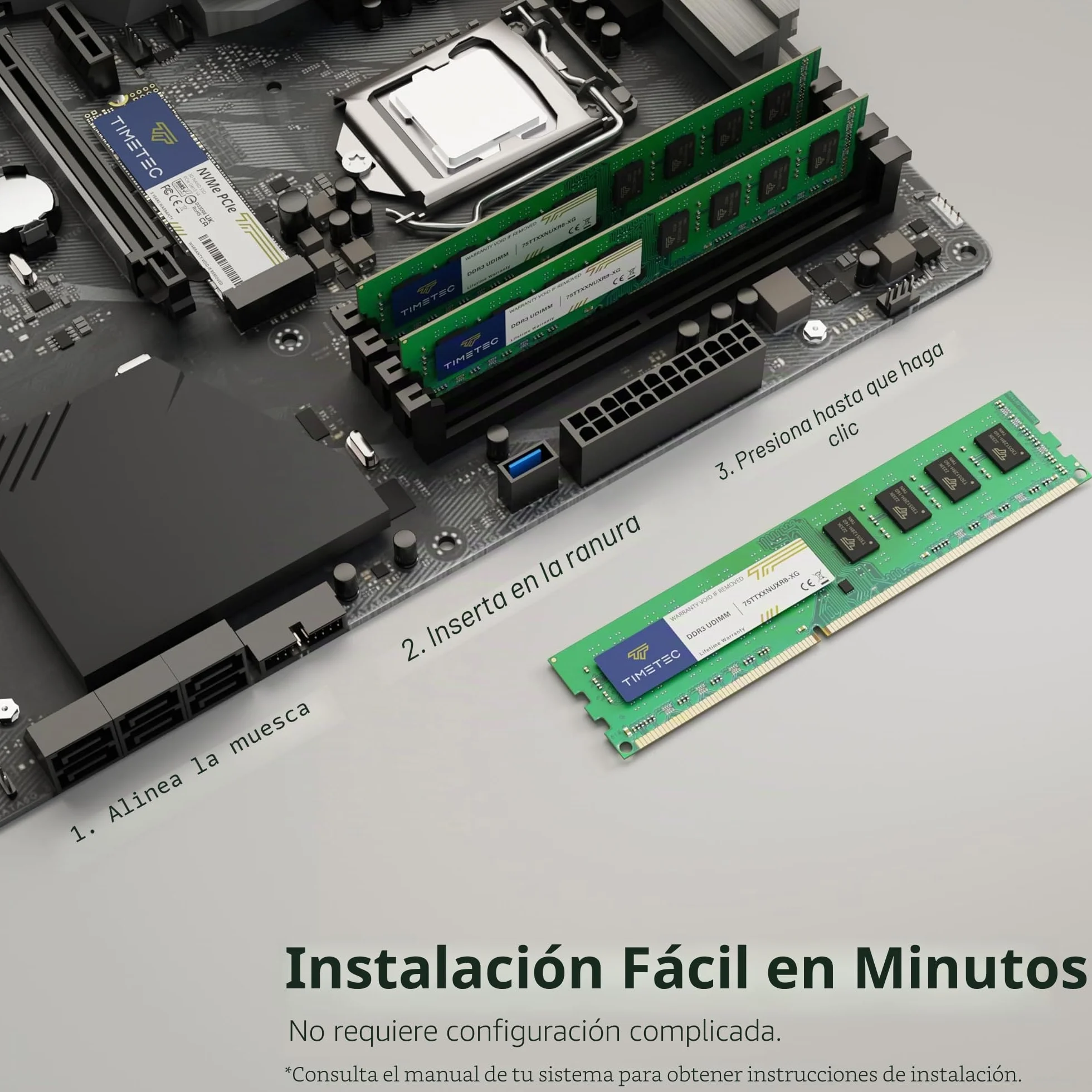 Timetec 8 GB DDR3 1333 MHz PC3-10600 sin ECC sin búfer 1.5 V CL9 2Rx8 Dual Rank 240 Pin UDIMM Módulo RAM de Memoria de computadora Actualización