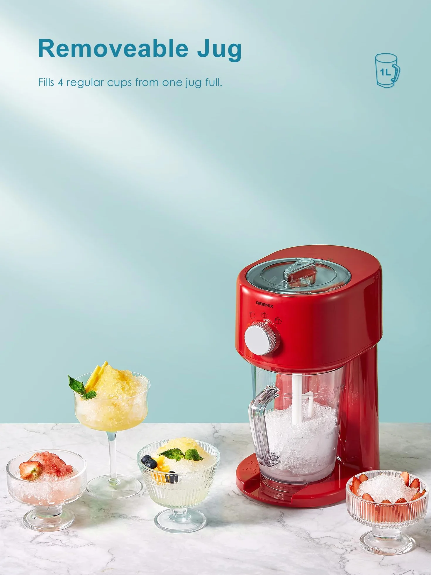 Reemix Slushy Maker Ice Shaver, 3 modos de funcionamiento, cuchillas de acero inoxidable, cierre de seguridad rojo
