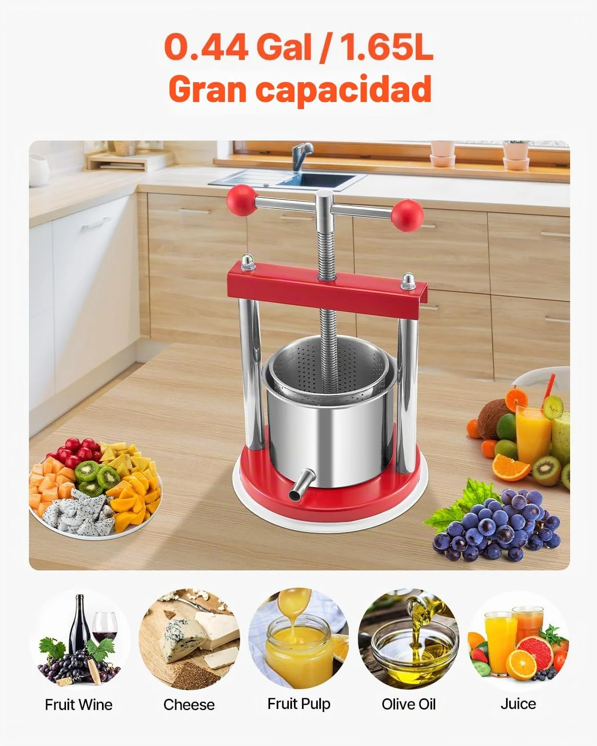 VEVOR Prensa de Vino de Frutas 1,65 L, 2 Barriles de Acero Inoxidable, 220 x 497 mm