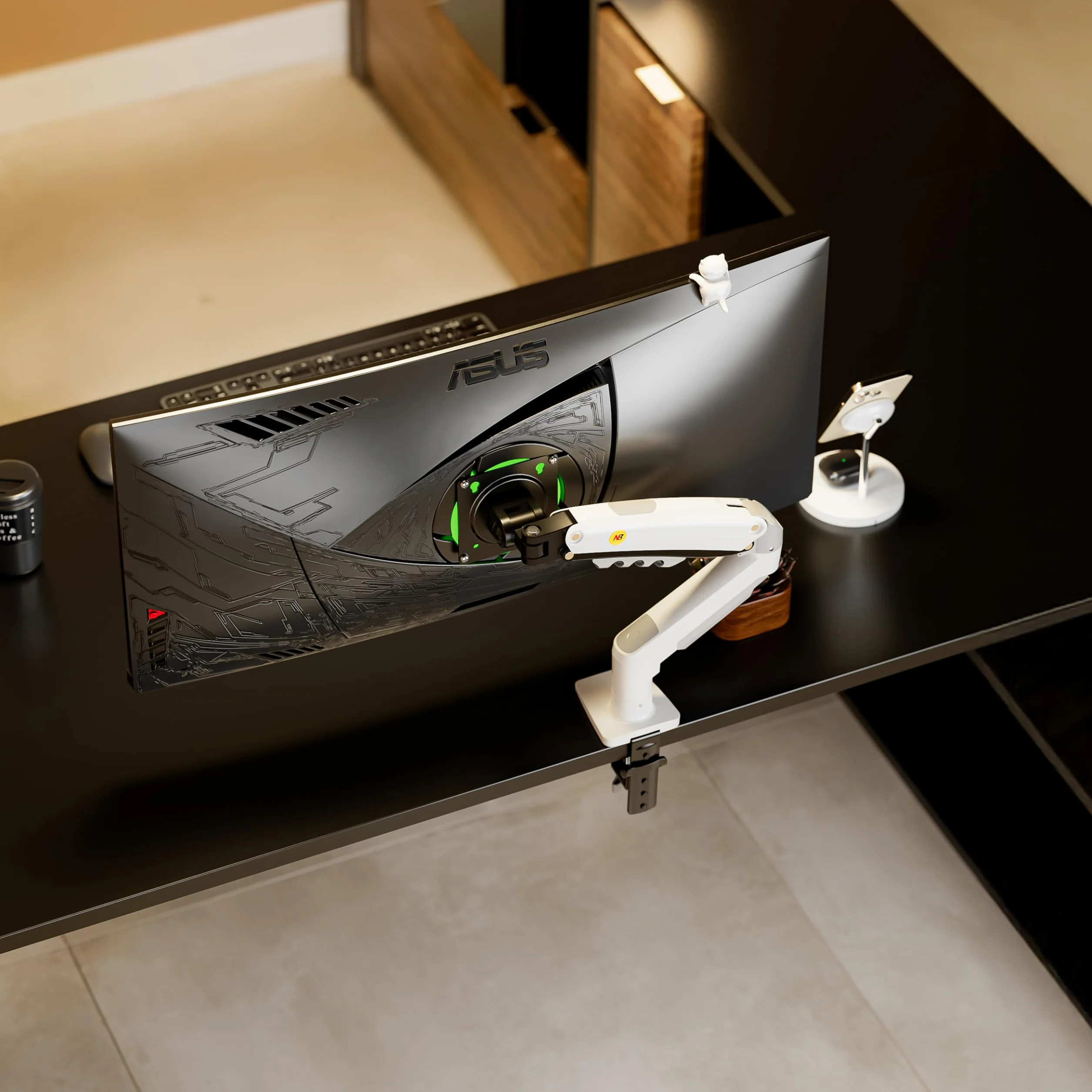 Soporte de Escritorio con Resorte de Gas para Pantallas LCD de 17″-32″, Blanco, VESA 75 mm y 100 mm, rotación de 360°, para un Peso de 2 a 9 kg