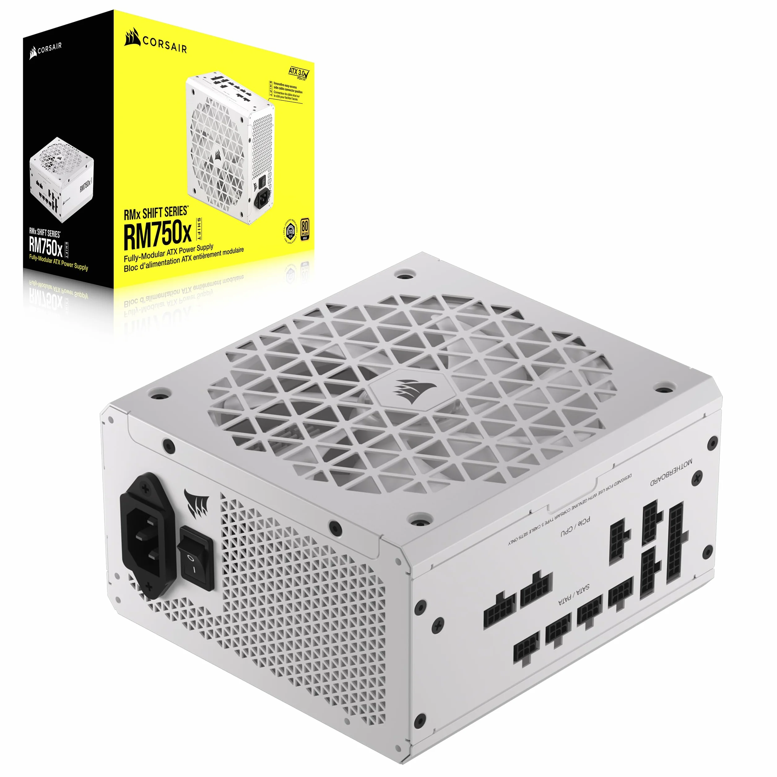 CORSAIR RM750x Shift Fuente de Alimentación ATX Totalmente Modular - Interfaz Lateral Modular - Compatible con ATX 3.1 y PCIe 5.1 - Modo Ventilador a Cero RPM - Eficiencia 80 Plus Gold - Blanco