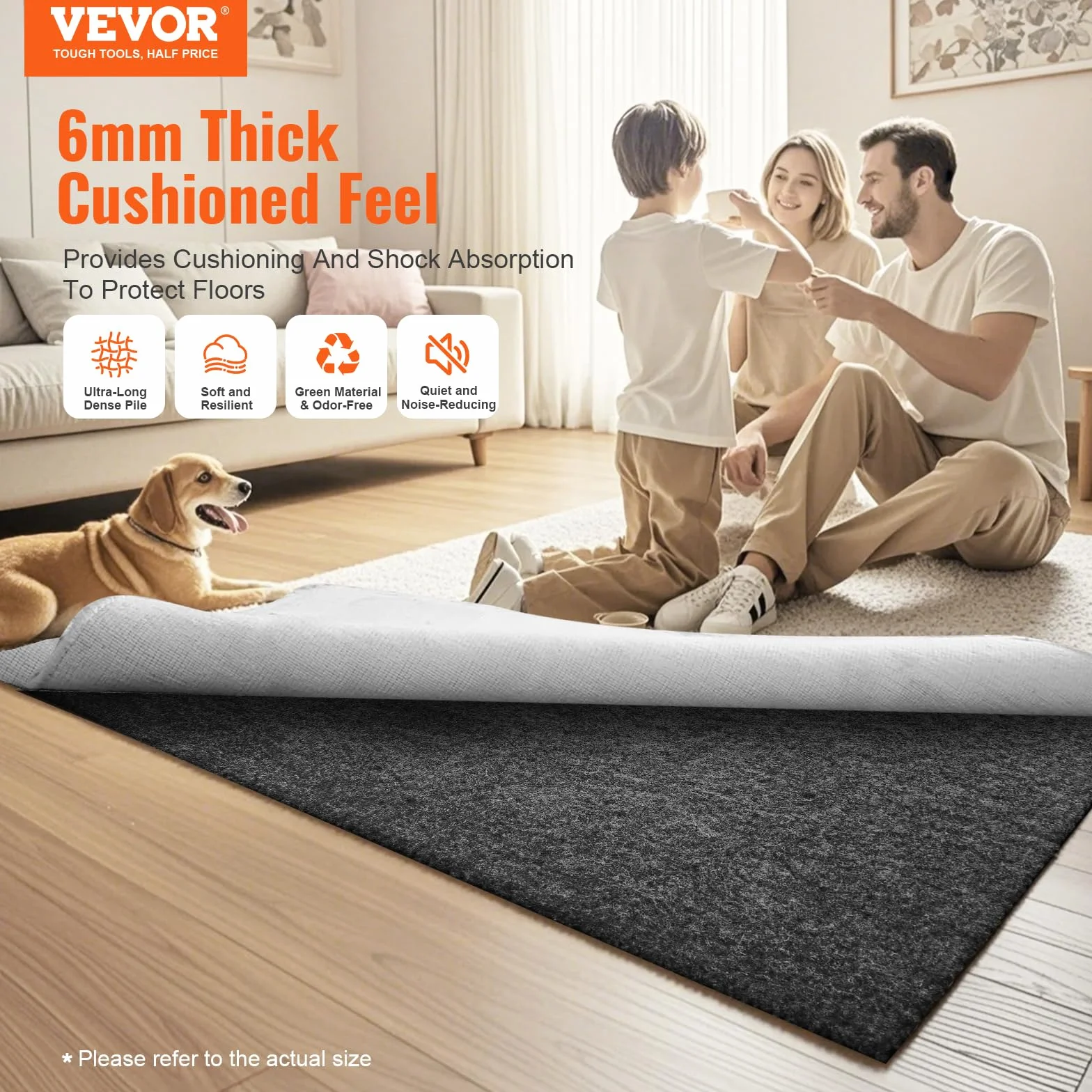 VEVOR Alfombra Antideslizante Protector de Suelo Cojín 275x366 cm 6 mm Espesor Fieltro Poliéster Látex Gris