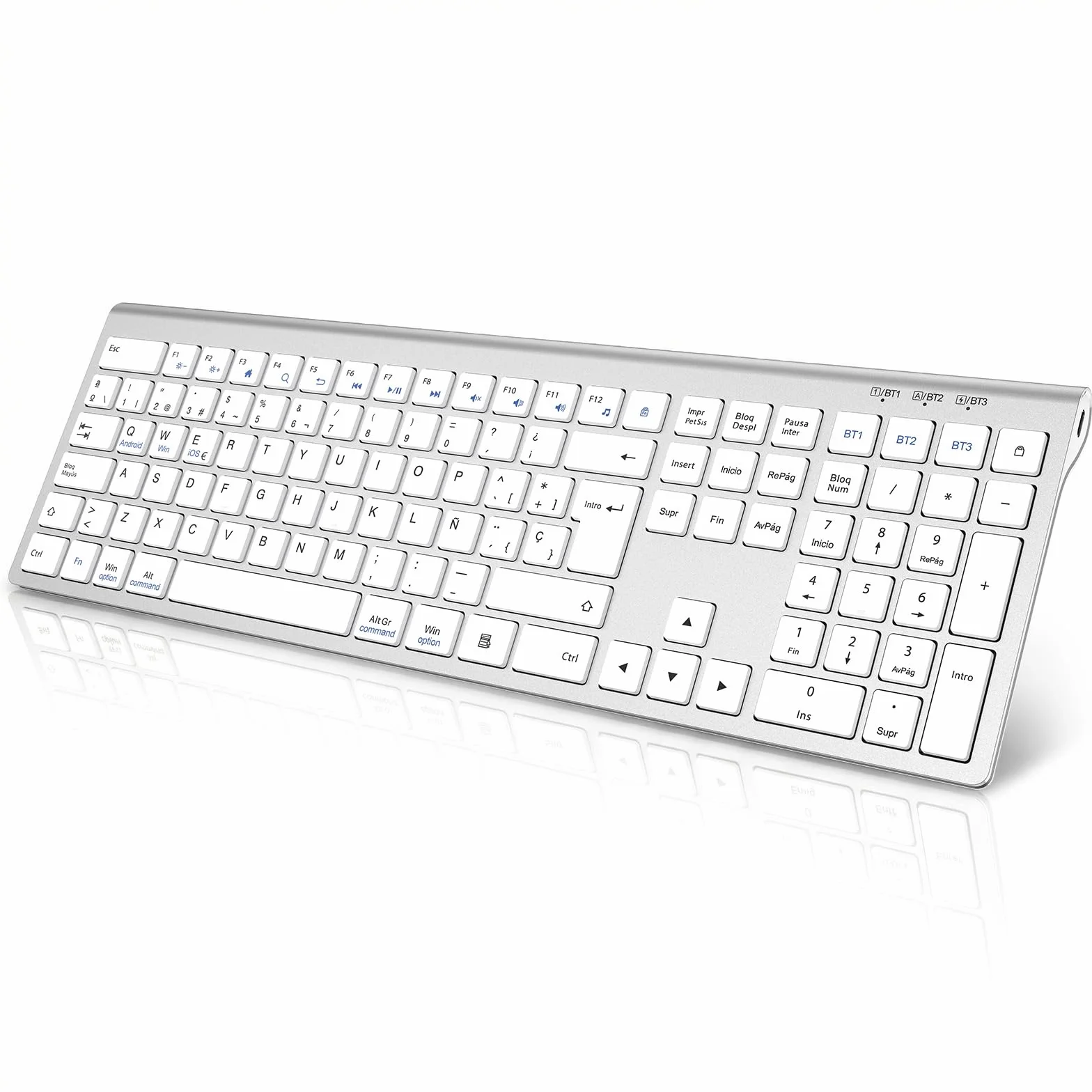 cimetech Teclado Bluetooth Recargable, QWERTY Español Layout, Teclado Inalámbrico EasyTyping Teclado de diseño ergonómico, Ultrafino para Ordenador/PC/portátil/Windows 10(Plata)