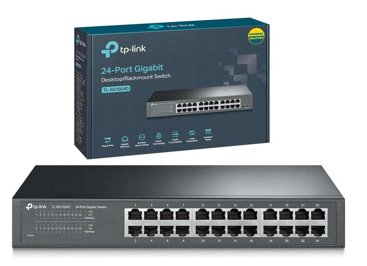 TP-Link SG1024D - Switch Ethernet 24 Puertos Gigabit 10/100/1000 Mbps, No Gestionable, Puertos Blindados, Carcasa Metálica, Desktop, Sin Ventilador, Modo Silencioso