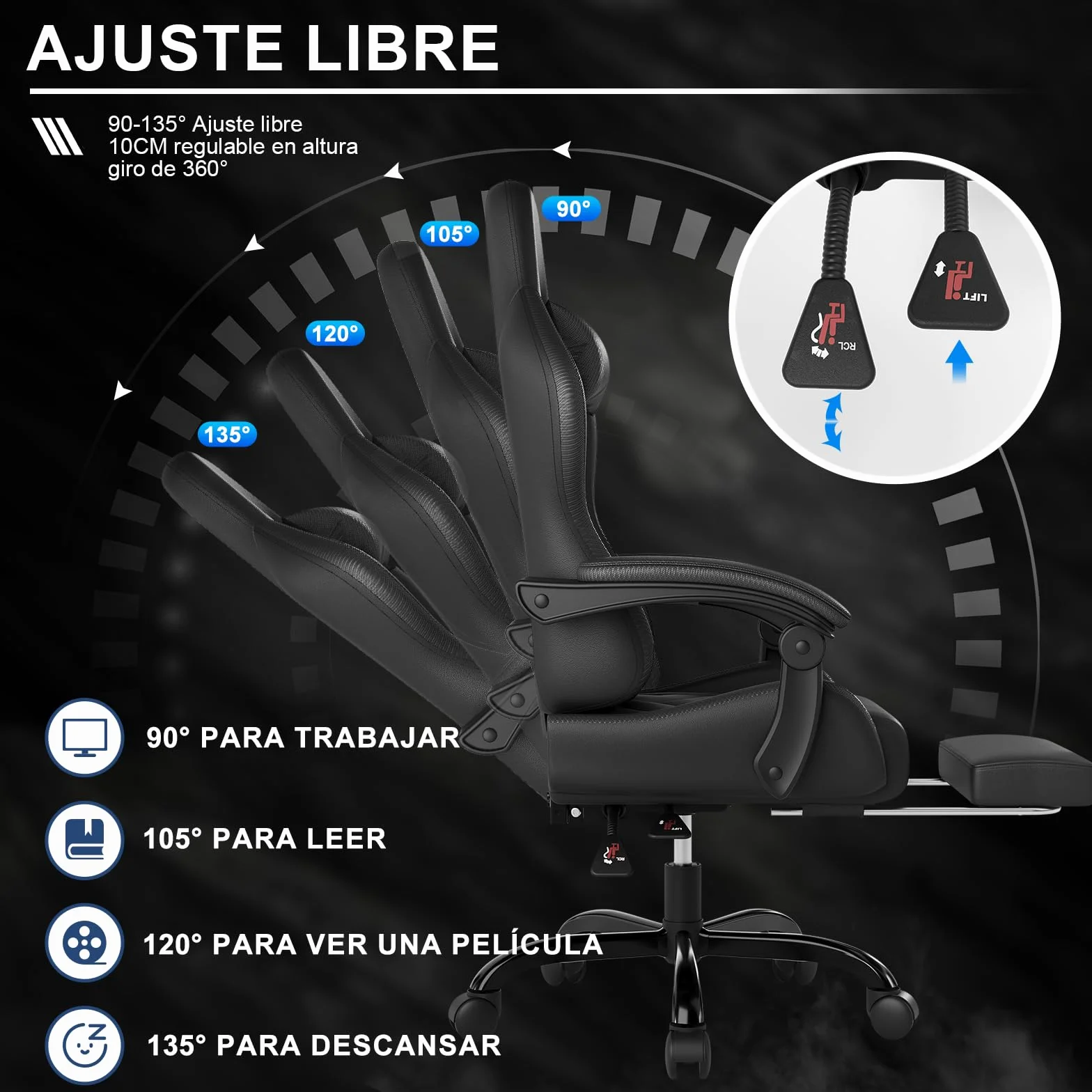 Devoko Silla Gaming con Masajeador y Reposapiés Reclinable 90-135° 150 kg Negro