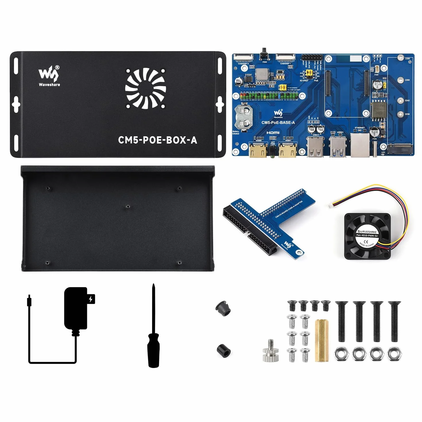 Waveshare Compute Module 5 IO Board, Compatible with All Variants of Raspberry Pi CM5, with PoE Feature, Bundle with PoE Base Board + Case + Power Supply Adapter