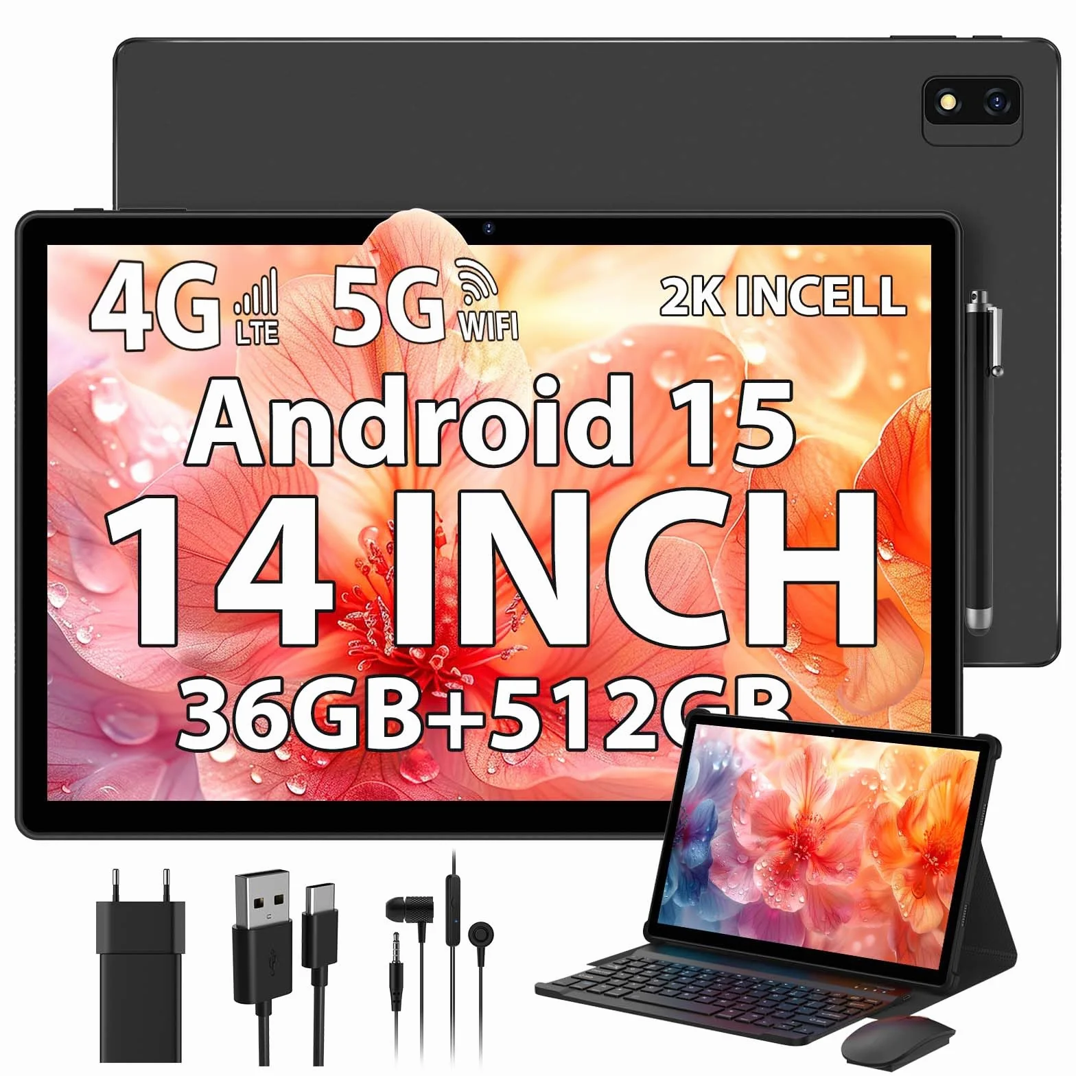 2K Android 15 Tablet 14 Pulgadas, 36GB RAM, 512GB ROM (2TB Expansion), 4G SIM LTE & 5G WiFi, 2000 * 1200FHD, 11580mAh, Octa-Core 2.0GH, 13MP+8MP, Tablet con Teclado/GPS/Bluet 5.0(Negro)