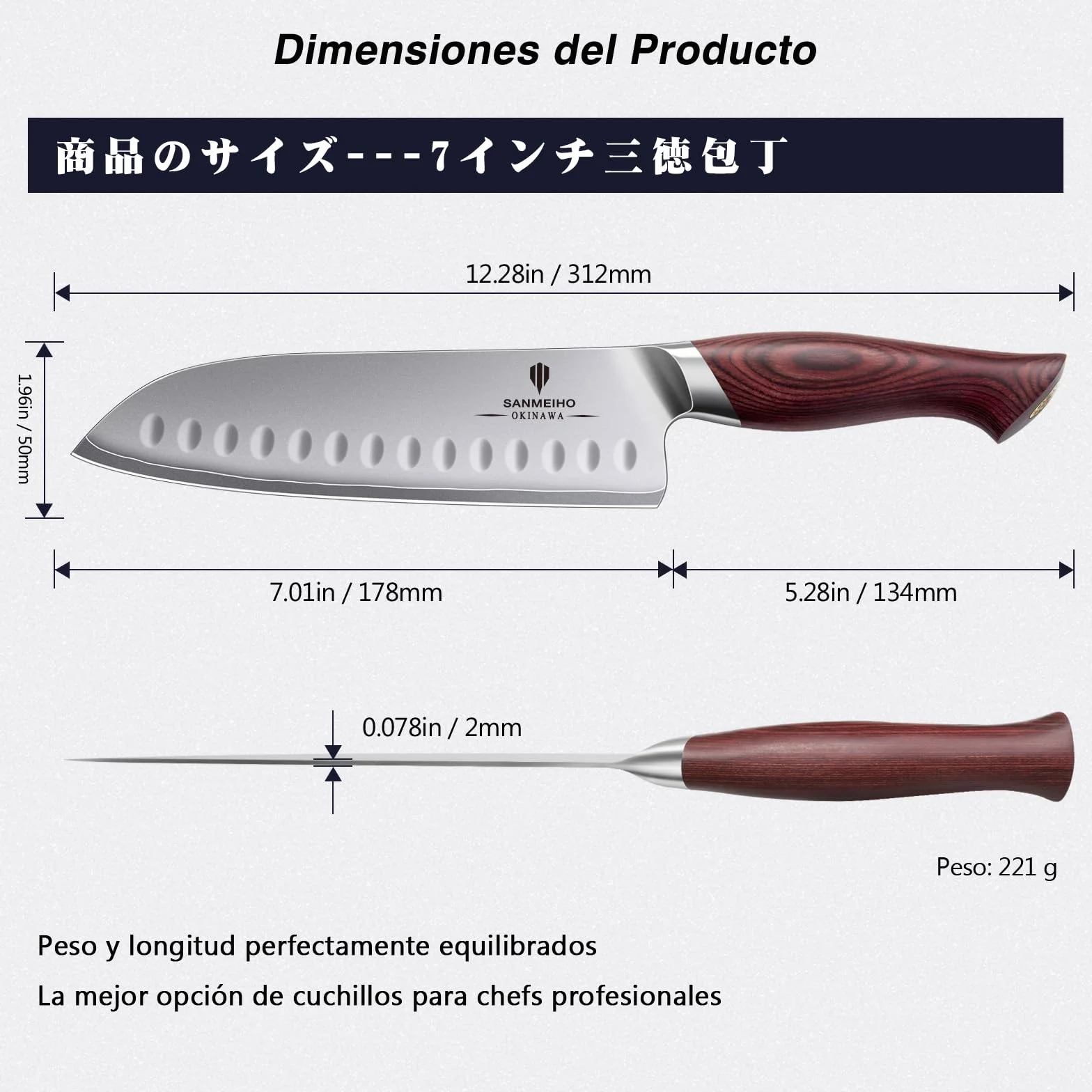 SANMEIHO Cuchillo Santoku 18 cm Acero Japonés 10Cr15MoV Hoja 12° Mango Pakka