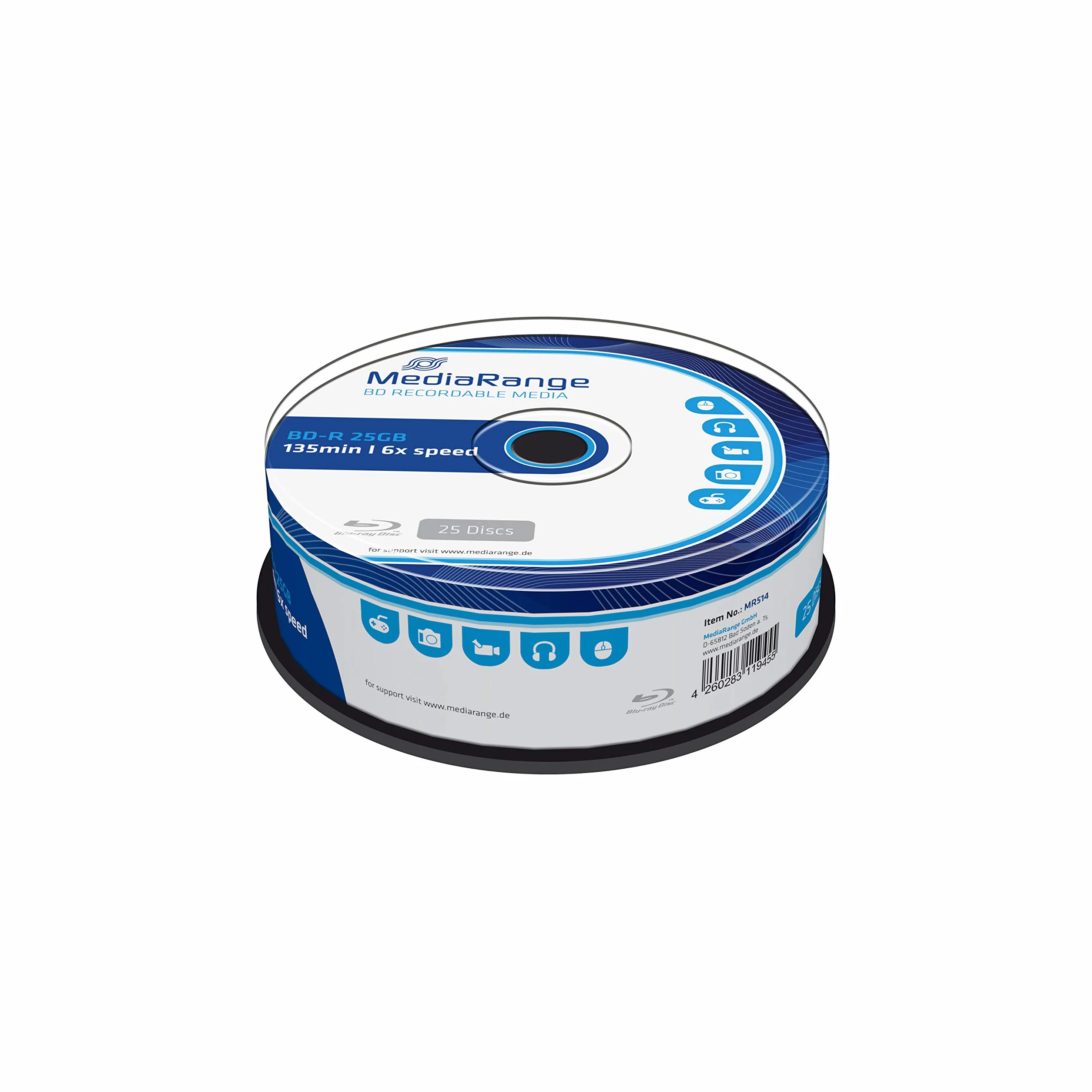 Mediarange - BLU-Ray Disc BD-r, 25 GB / 135 min, 6X, Impreso, 25 Piezas en Caja