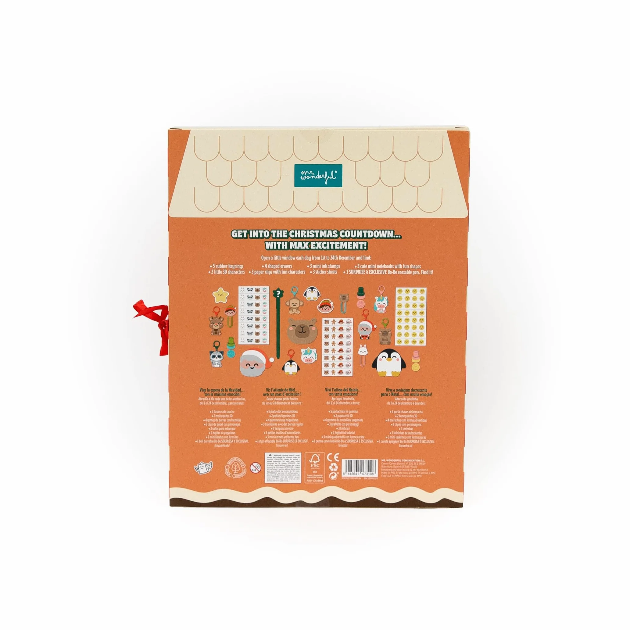 Mr. Wonderful Calendario de Adviento 24 Sorpresas Llaveros Sellos Gomas Pegatinas Minilibretas Muñequitos 3D Bolígrafo Bo-Bo Regalo Original Navidad