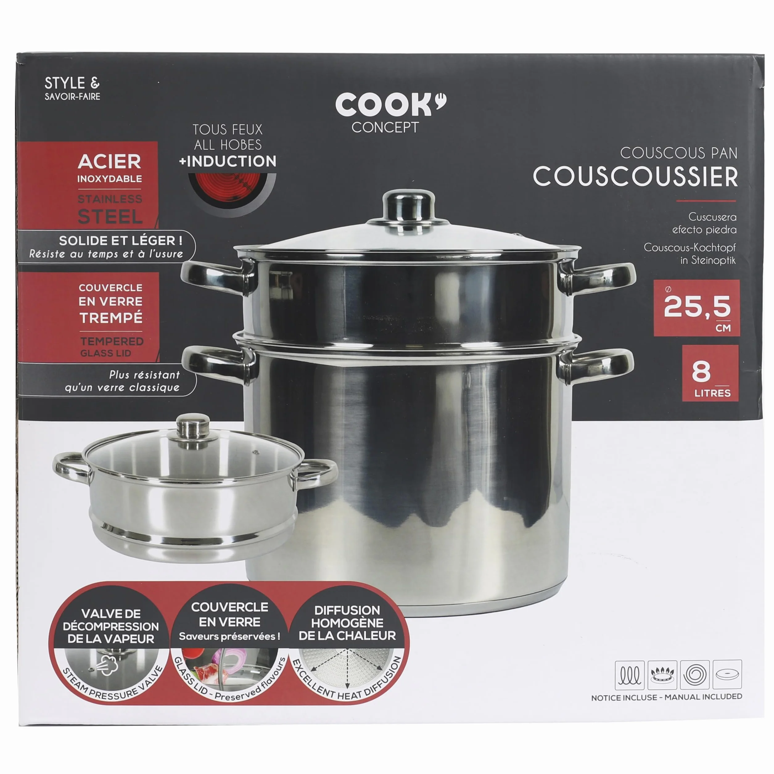 COOK CONCEPT KC0004 Olla de Metal con Tapa de Vidrio 7L Compatible con Todo Tipo de Fuegos y Horno