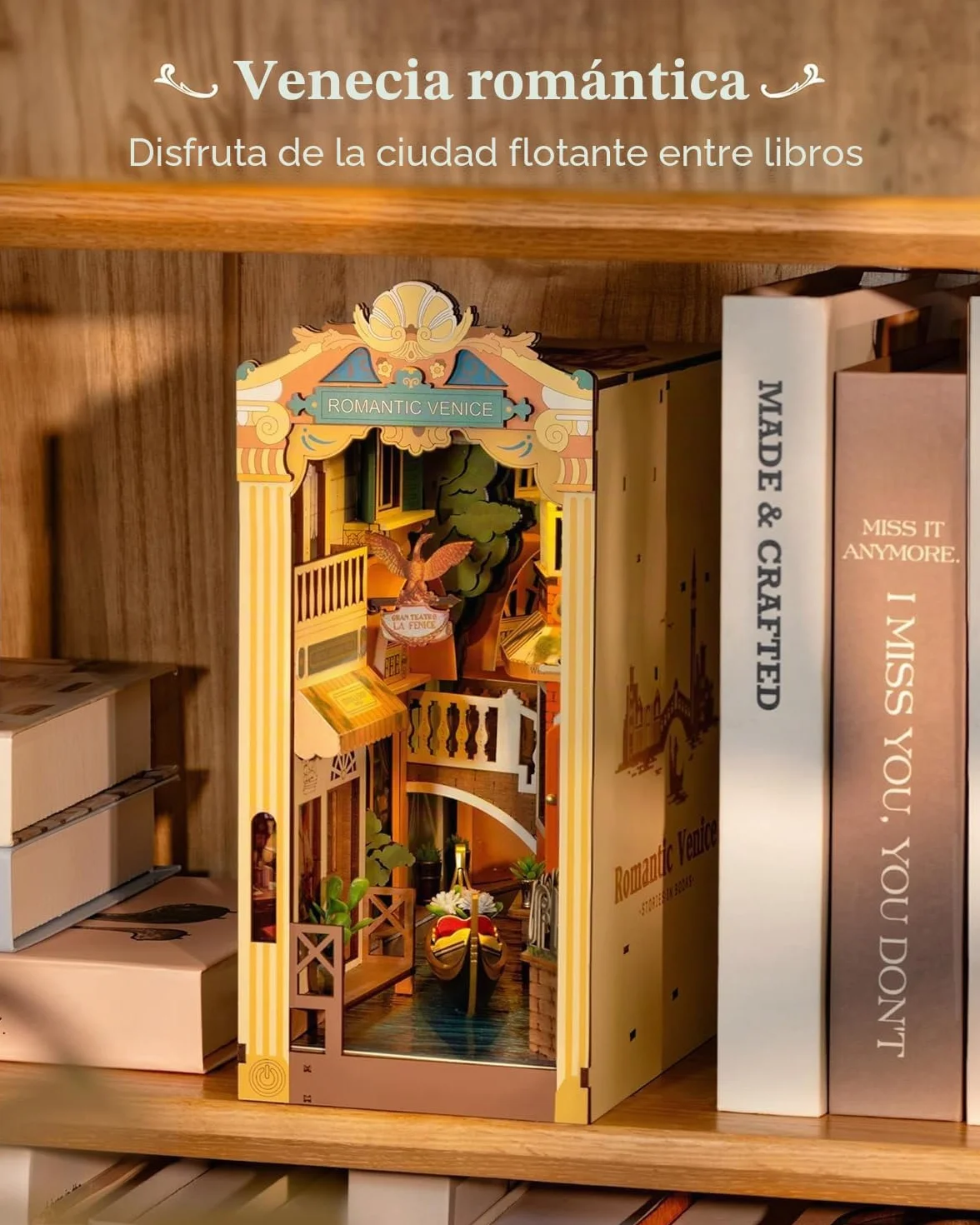 ROBOTIME Book Nook Kit Venecia Romántica - Casa de Muñecas en Miniatura de Madera con Luces LED