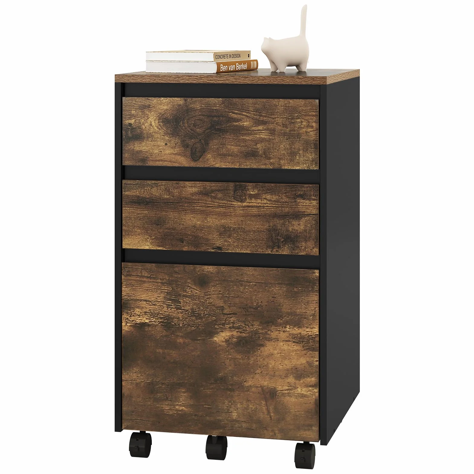 WOLTU Archivador Móvil 3 Cajones Cajonera 5 Ruedas Roble Marrón Negro 40x40x71.5 cm