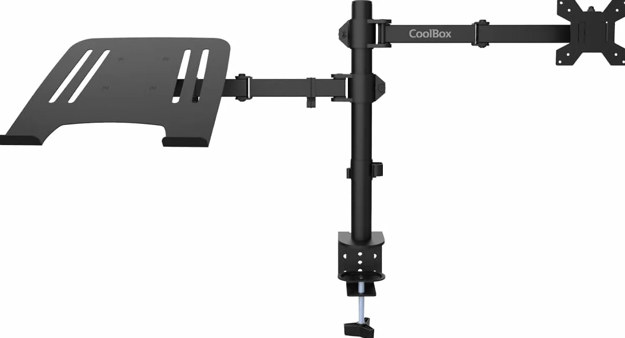 CoolBox MP01 - Soporte Monitor y Portátil, Pantalla hasta 8 kg y 32", Portátiles hasta 17", VESA 75x75 y 100x100, Altura, Inclinación y Giro Ajustables, Bandeja Inclinable. Negro