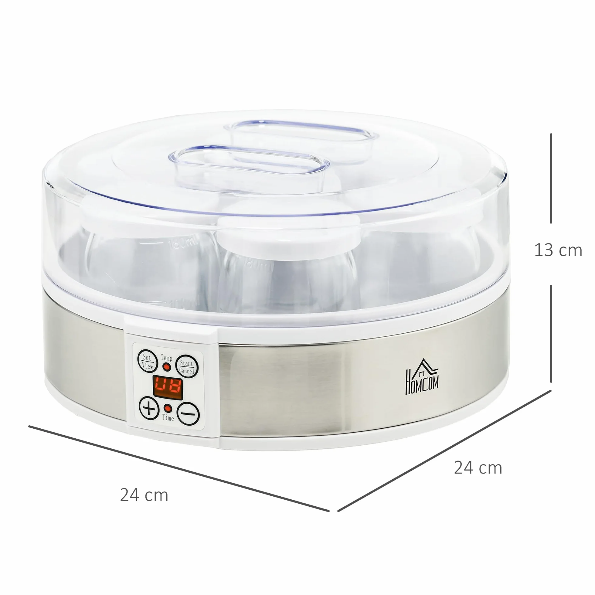 HOMCOM Máquina de Yogur 1,26L 20W 7 Tarros de Cristal 180ml Termostato Ajustable Temporizador Pantalla LED 24x24x13 cm Blanco