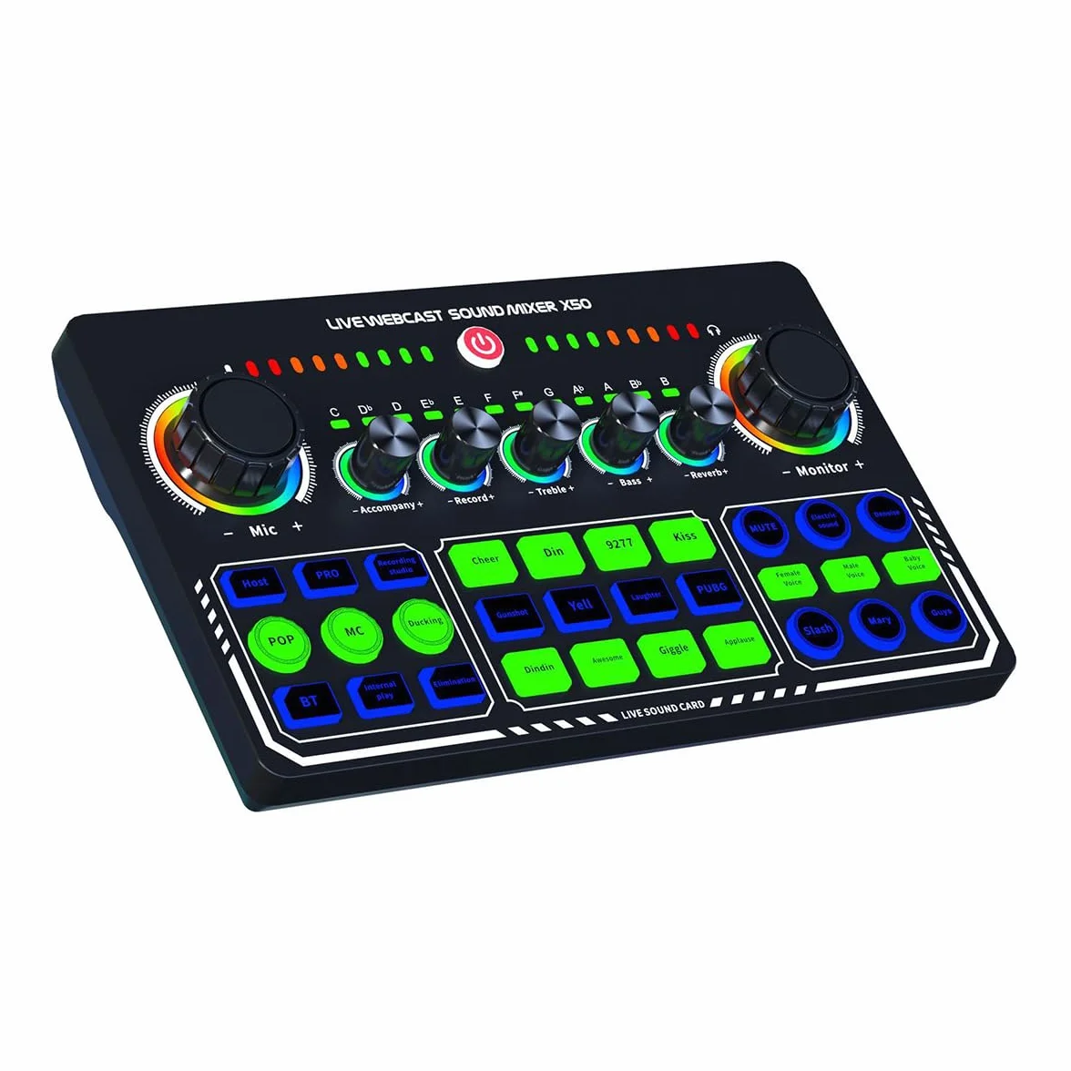 X50 - Tarjeta de sonido en vivo con 12 efectos de calentamiento, silencio con un solo toque, mezclador de DJ para transmisión en vivo y grabación de PC