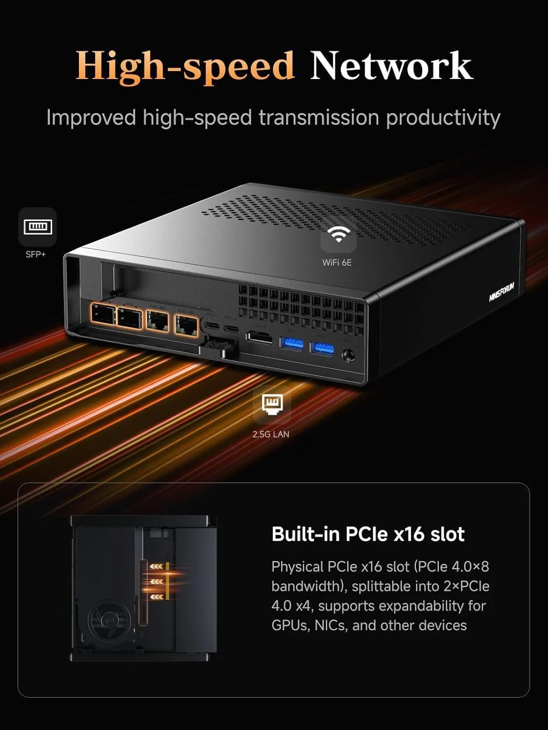 MINISFORUM MS-A2 Mini PC, AMD Ryzen 9 9955HX (16 núcleos/32 subprocesos, a 5,4 GHz), 32 GB DDR5, SSD de 1 TB, PCIe x16, HDMI/2 USB-C 8K a 60 Hz 2 SFP+ 10G, 2 LAN 2.5 GbE, 3 SSD M.2