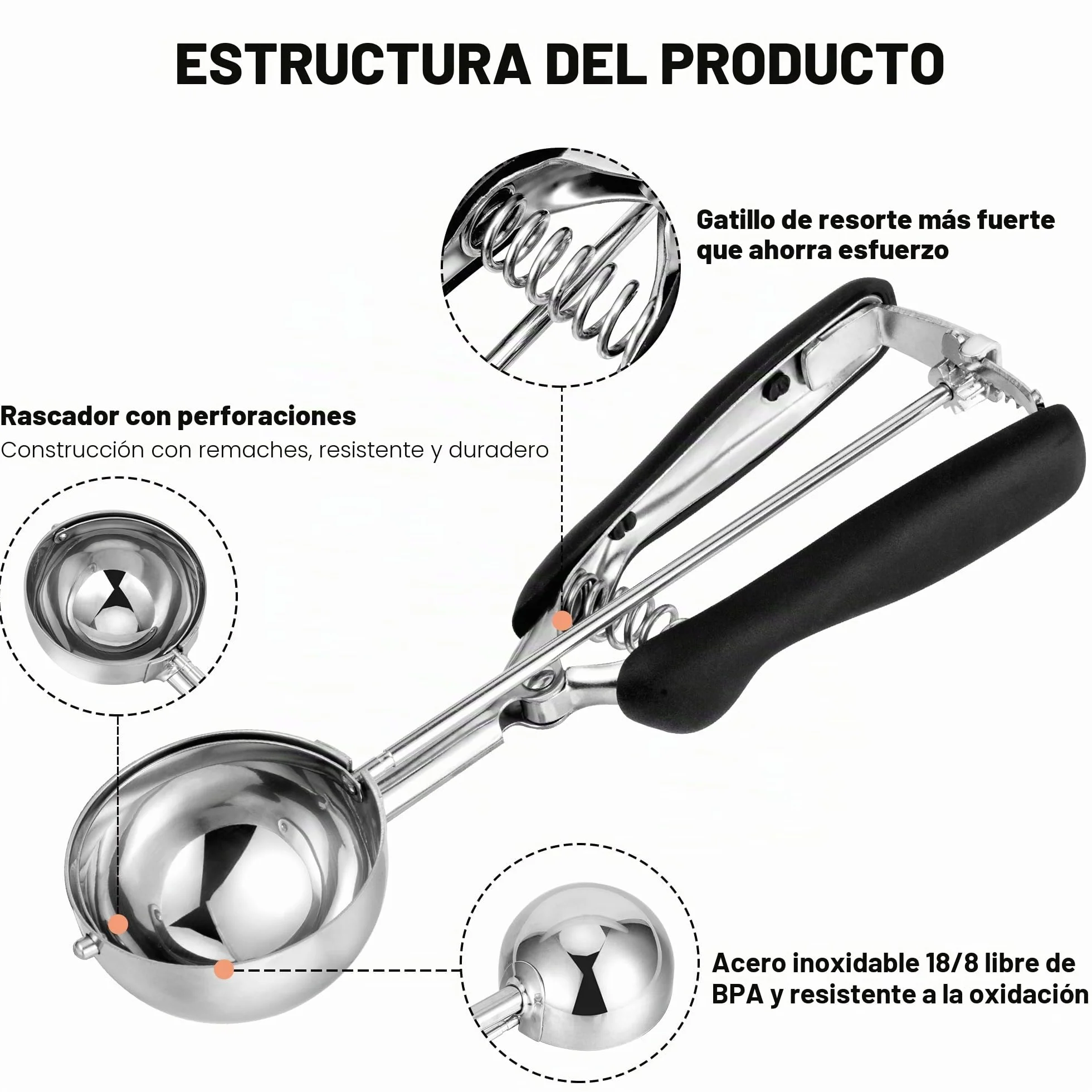 TJ POP Cuchara de Helado Grande 6cm Acero Inoxidable Gatillo Mango Cómodo