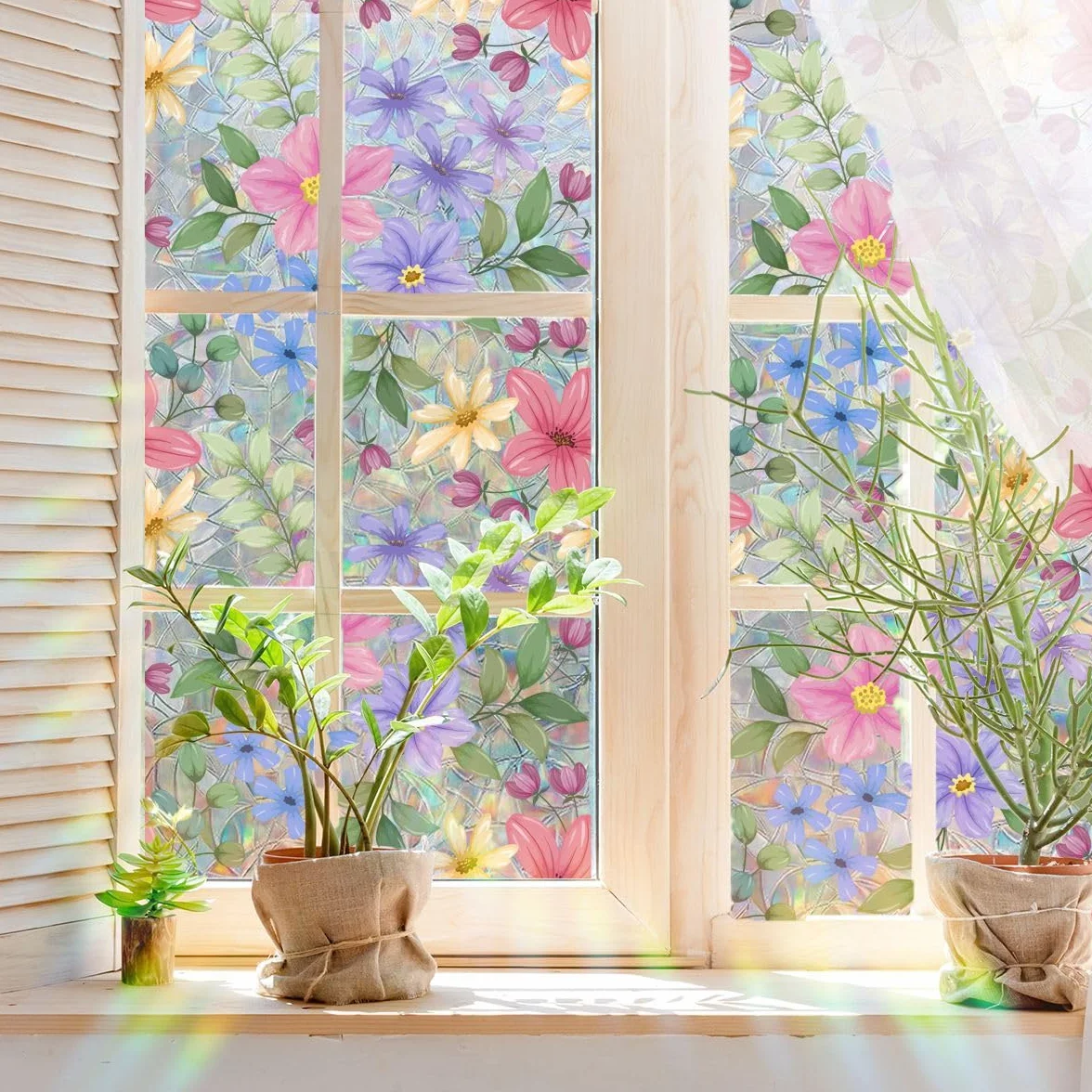 Runtoo 3D Vinilo Decorativo Vidrieras de Jardín Película de Privacidad para Ventana, Hojas Florales, Arcoíris, 17 x 40 Pulgadas