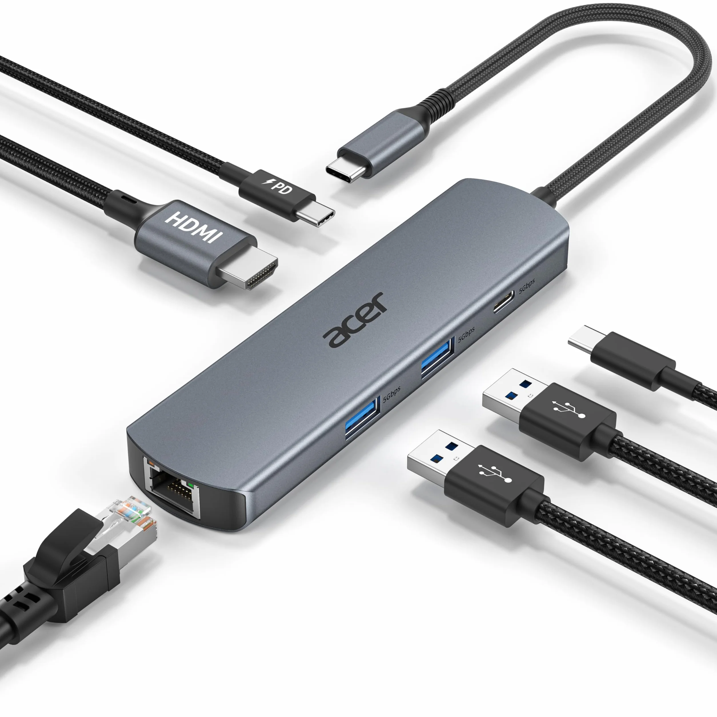 acer Hub USB C Ethernet de 1000Mbps, Adaptador HDMI 4K@60Hz, 1*USB-C 5 Gbps, 2*USB-A 3.0, PD 100W, Docking Station Multipuerto para iPhone 17/16, MacBook iPad Pro, Mac, Surface, Galaxy S25/26, etc.