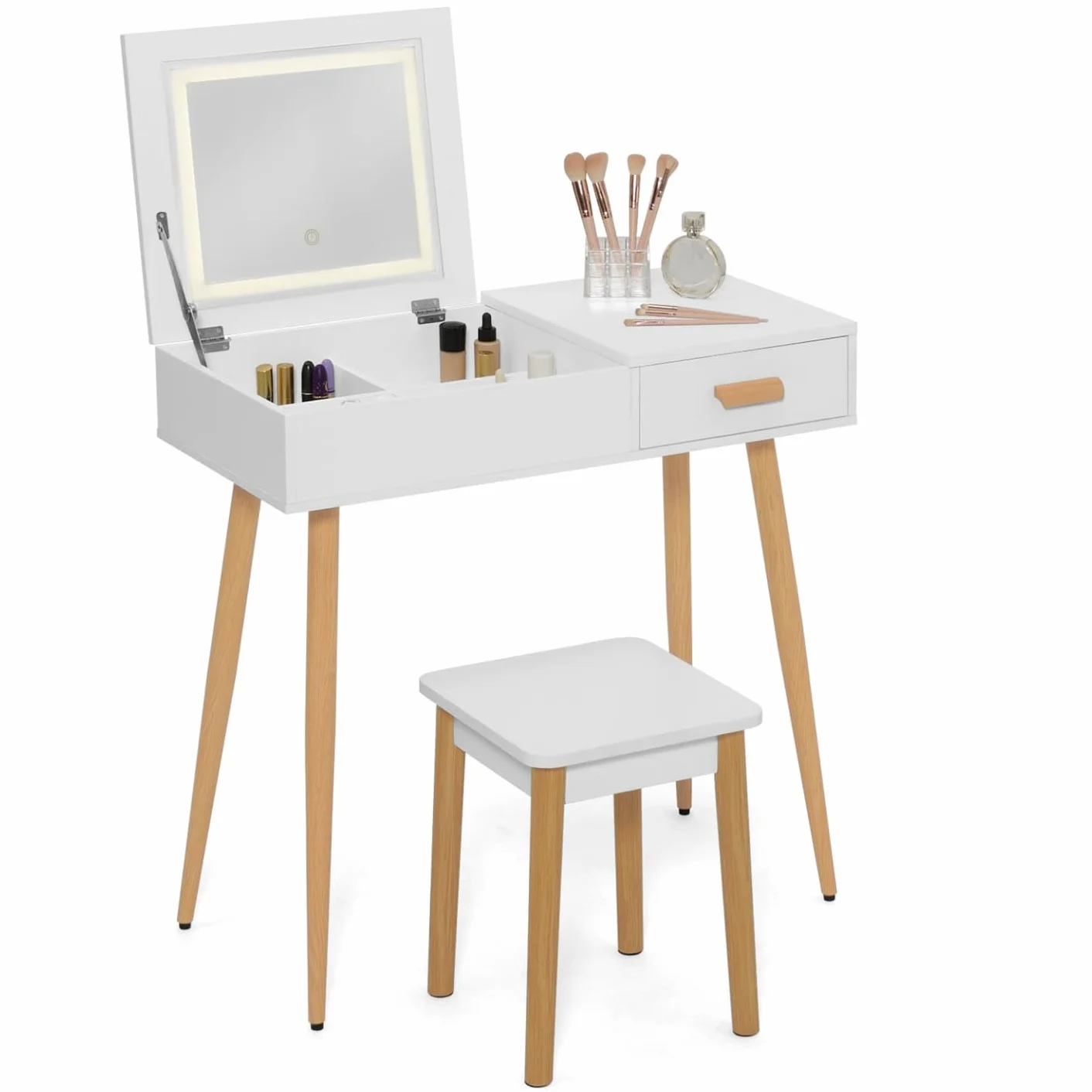 Tocador escandinavo Lisa Blanca con espejo abatible LED y taburete