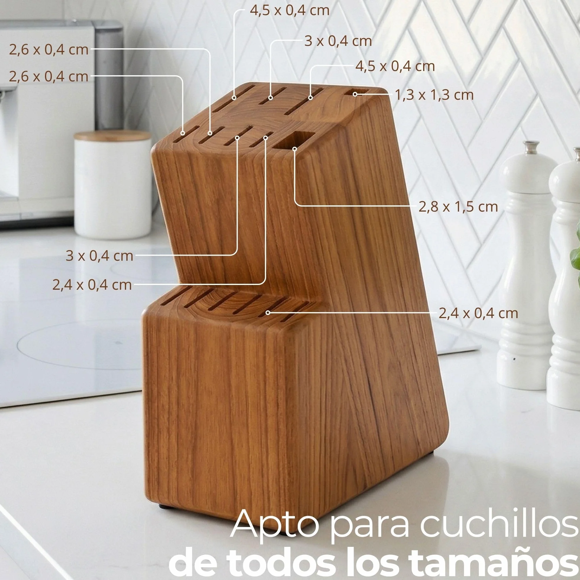 Porta cuchillos cocina universal 15 piezas madera maciza Acacia robusta con soporte para tijera