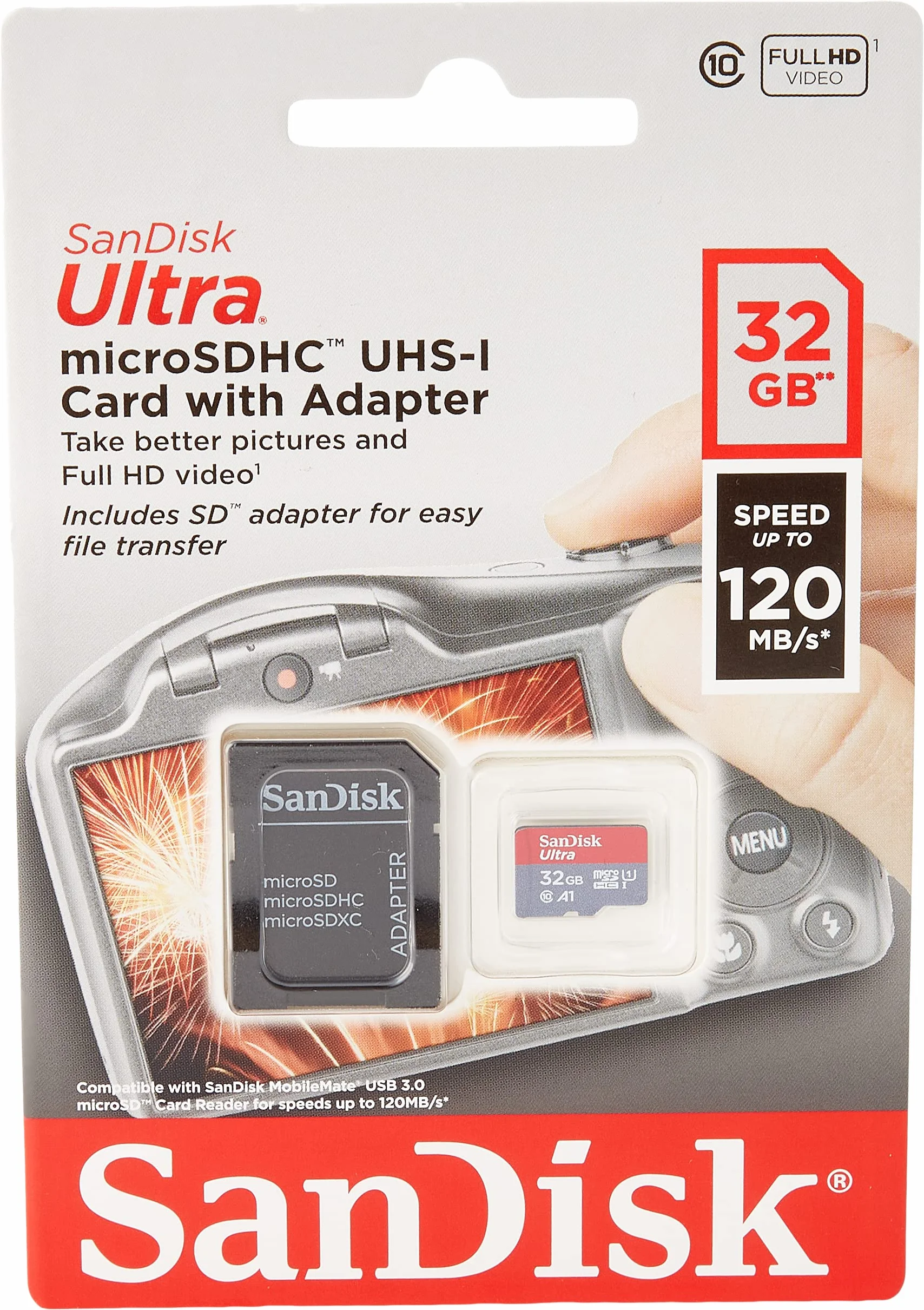 SanDisk Ultra 32GB microSDHC Memory Card + SD Adapter with A1 App Performance Up to 120MB/s, Class 10, UHS-I