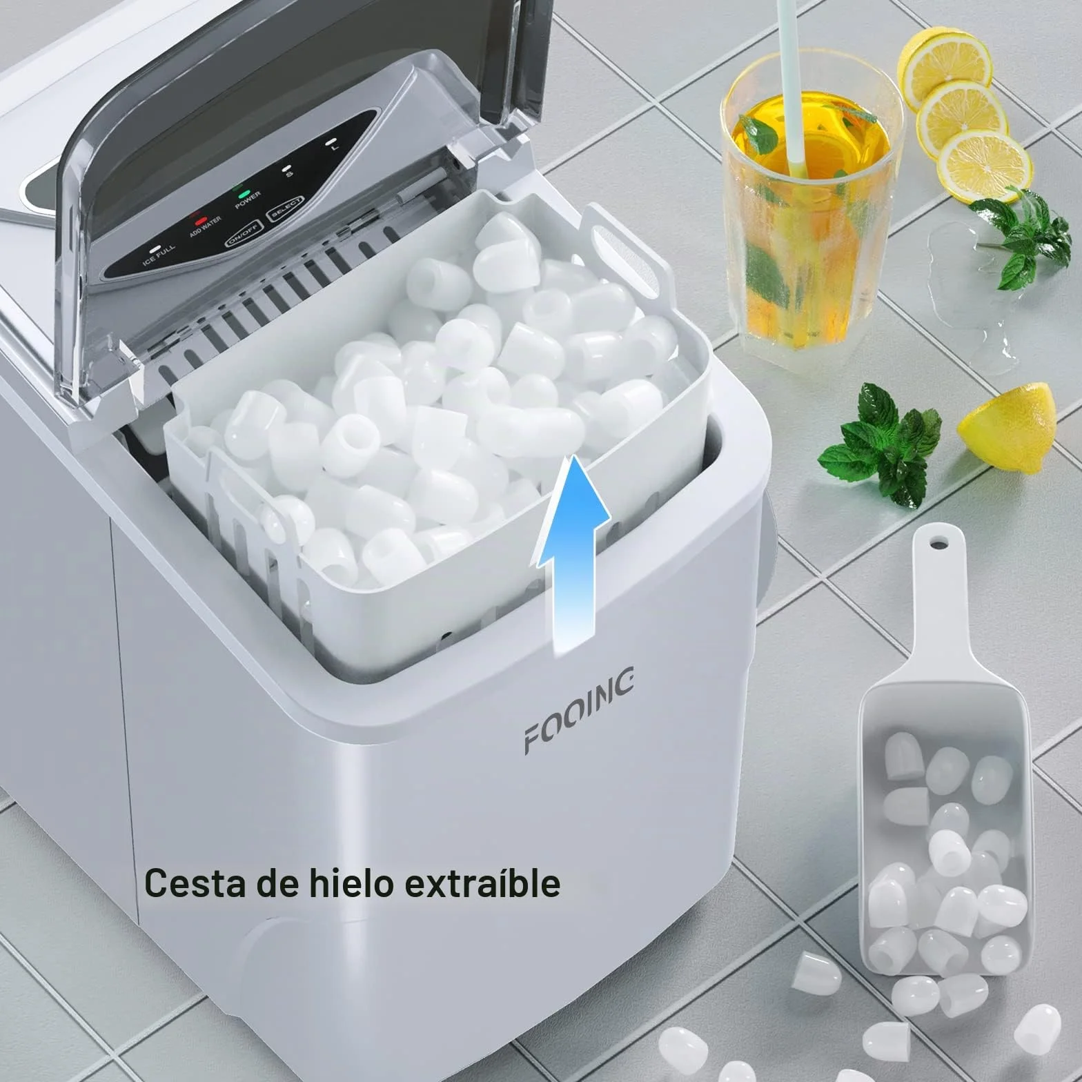 FOOING Máquina de Hielo 15KG/24H 6 Minutos Fabricación de Hielo Doméstica