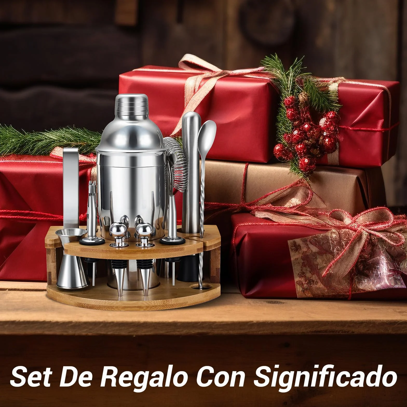 Coctelera Kit de Acero Inoxidable 12 Piezas con Shaker 750 ml, Soporte Incluido