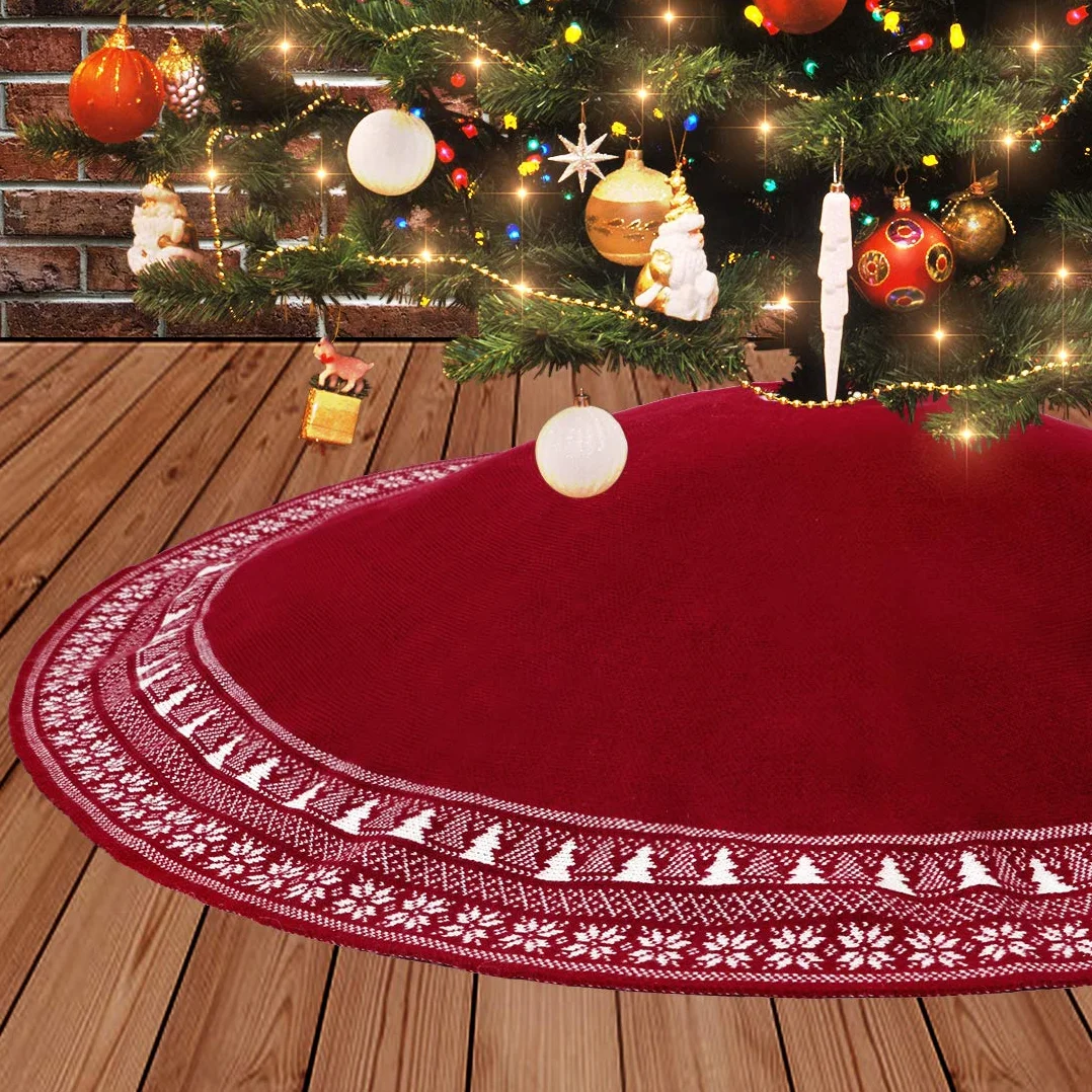 Falda de árbol de Navidad Dremisland 122cm rústica tejida burdeos copo de nieve decoración hogar