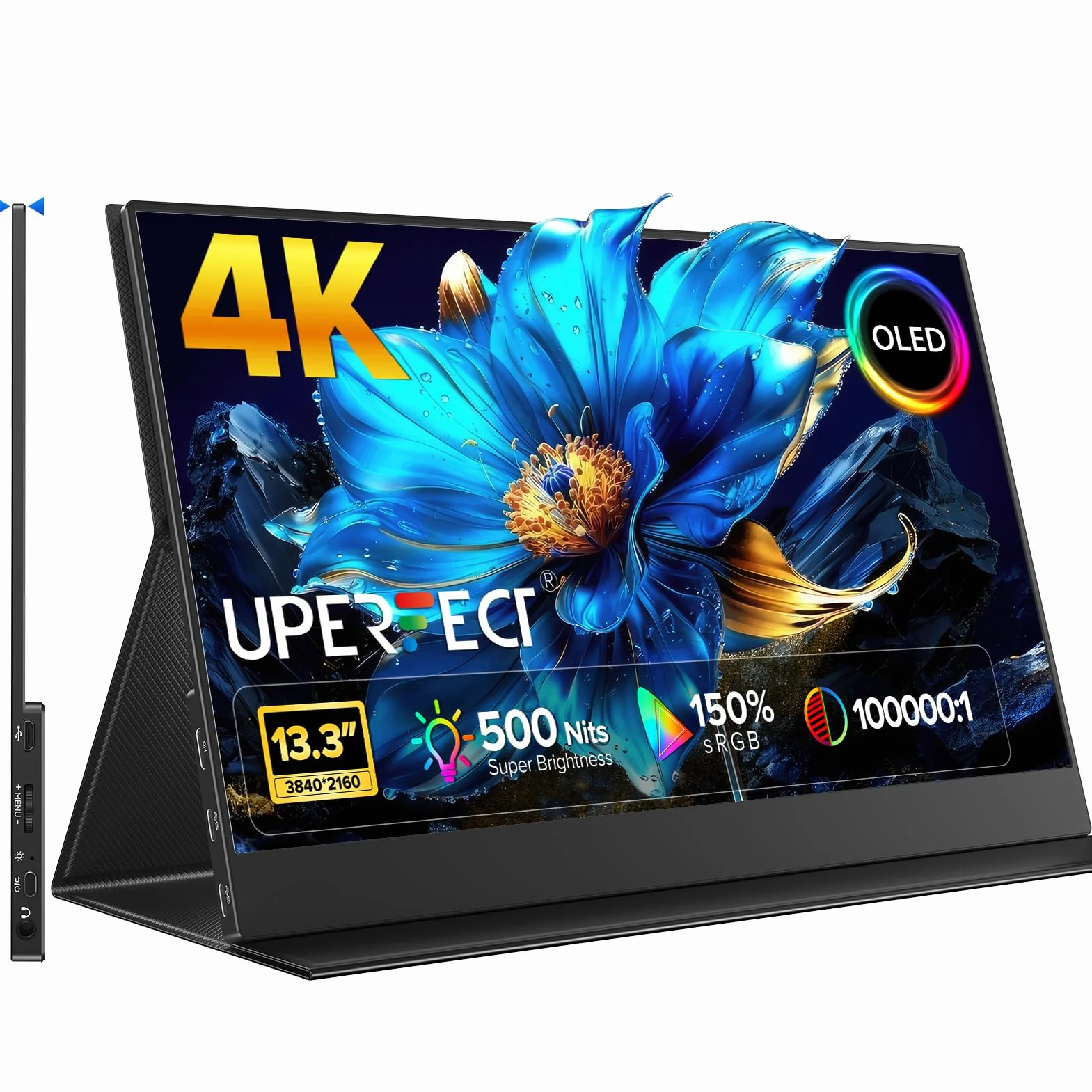 UPERFECT OLED Monitor Portátil 13.3" 4K UHD 3840x2160 UHD | 150%sRGB | 100000:1 Contraste | 500Nit | Diseño Ultraplano de Aluminio, Monitor de Viaje para PC, Portátil, Teléfono y Consola de Videojuego