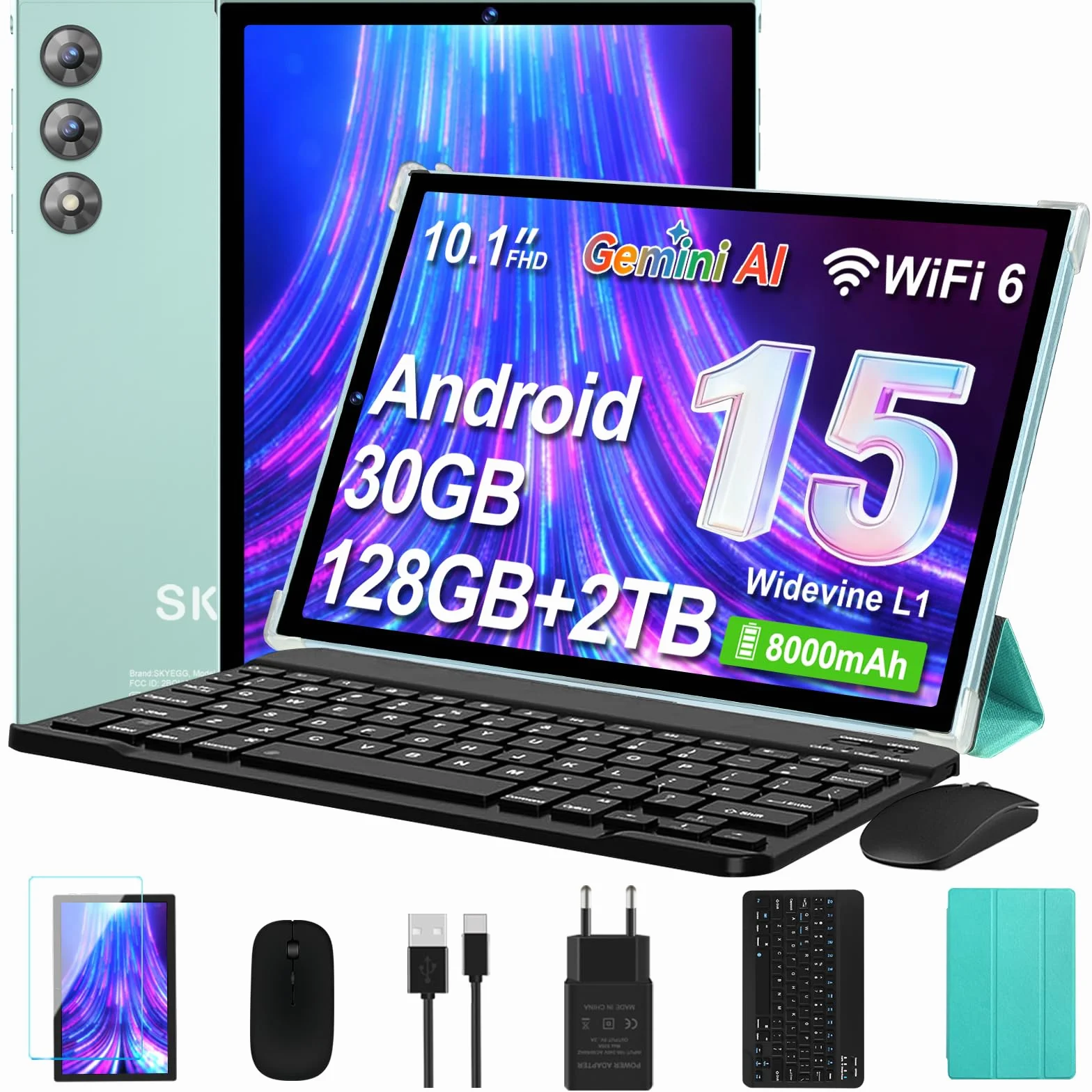 Tablet 10 Pulgadas Android 15 Gemini AI 30GB RAM 128GB ROM Ampliable 2TB Octa-Core WiFi 6 Widevine L1 Batería 8000mAh Cámara 8/5 MP Teclado Ratón Funda Cuerpo Metálico Verde Claro