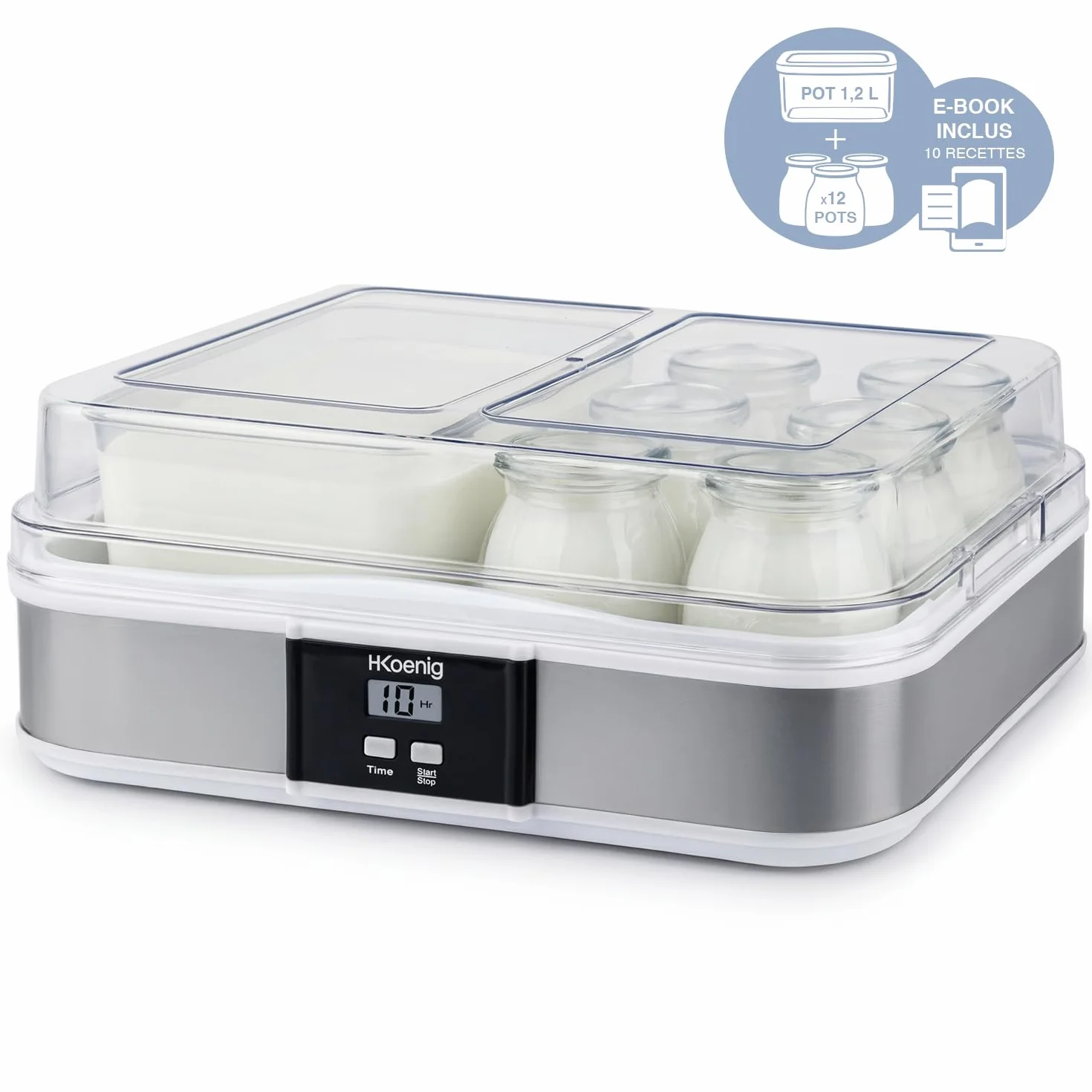H.Koenig ELY120 Yogurtera 12x160ml 1x1200ml Programable LCD Acero Inoxidable 21.5W