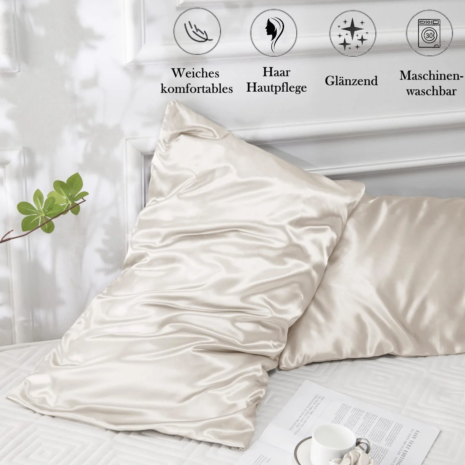 Funda de almohada de raso 40x80 cm beige con gomas