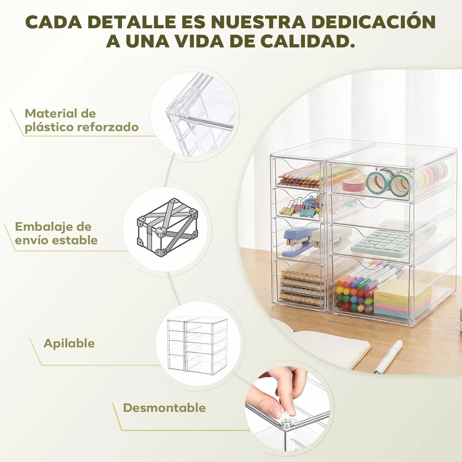 Organizador de Escritorio 8 Piezas Cajas de Almacenamiento Transparentes Apilables con Cajones